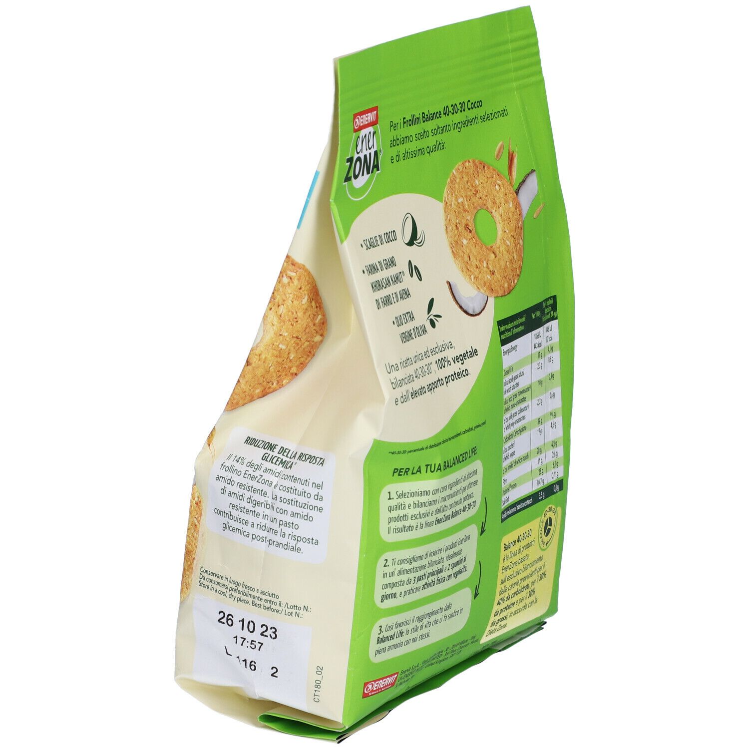 Rückseite der Verpackung von ENERVIT® EnerZona Frollini Kokosnuss. Grün mit Text und Nährwertangaben. Abbildung eines Kekses. Detailansicht.
