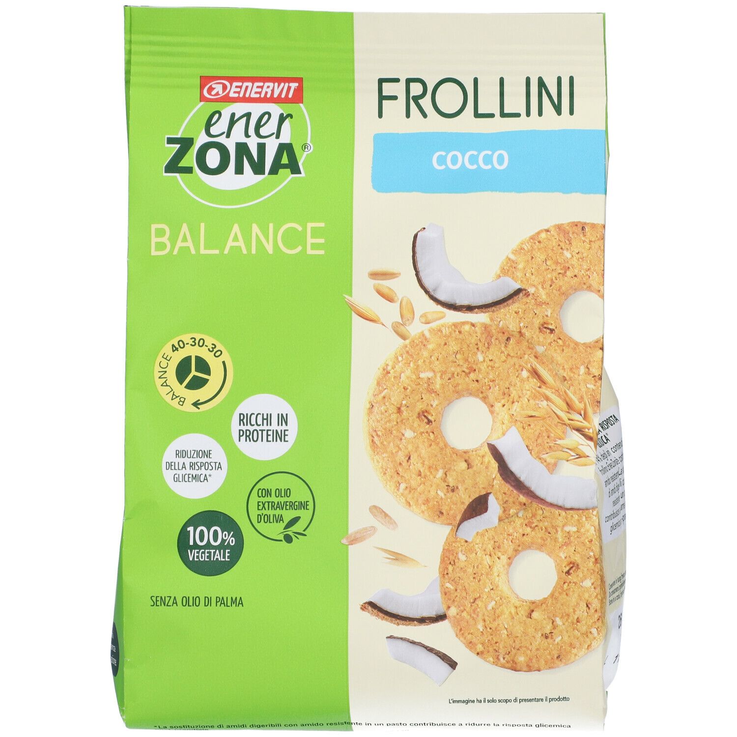Verpackung von ENERVIT® EnerZona Frollini Kokosnuss. Grün-weiße Tüte mit Produktabbildung und Logo. Aufschrift: Frollini, Cocos.