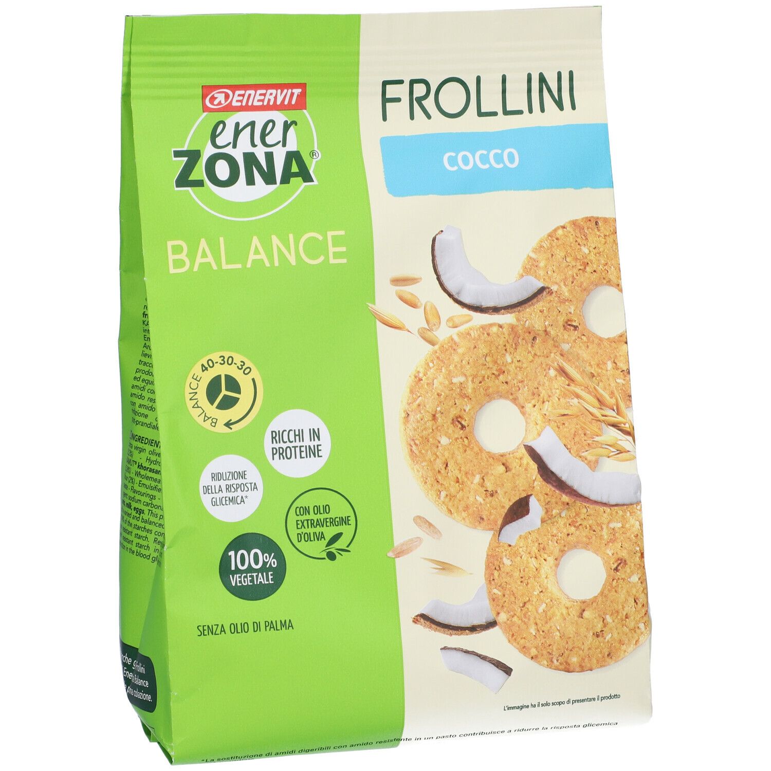 Verpackung von ENERVIT® EnerZona Frollini Kokosnuss. Grün-weiße Tüte mit Produktabbildung und Logo. Aufschrift: Frollini, Cocos.