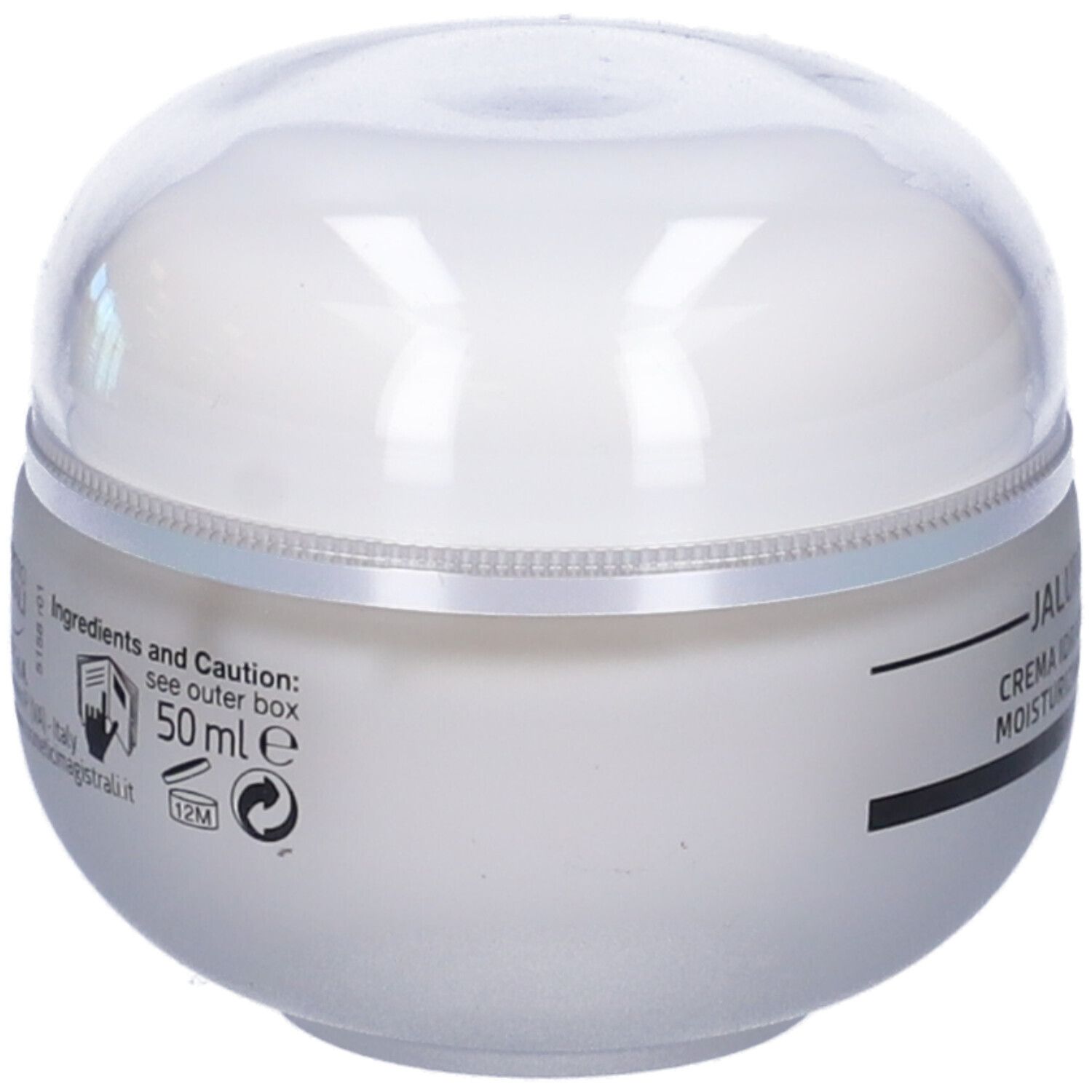 Creme-Dose mit transparentem Deckel. Aufschrift: 50 ml e. Text: Ingredients and Caution: see outer box.