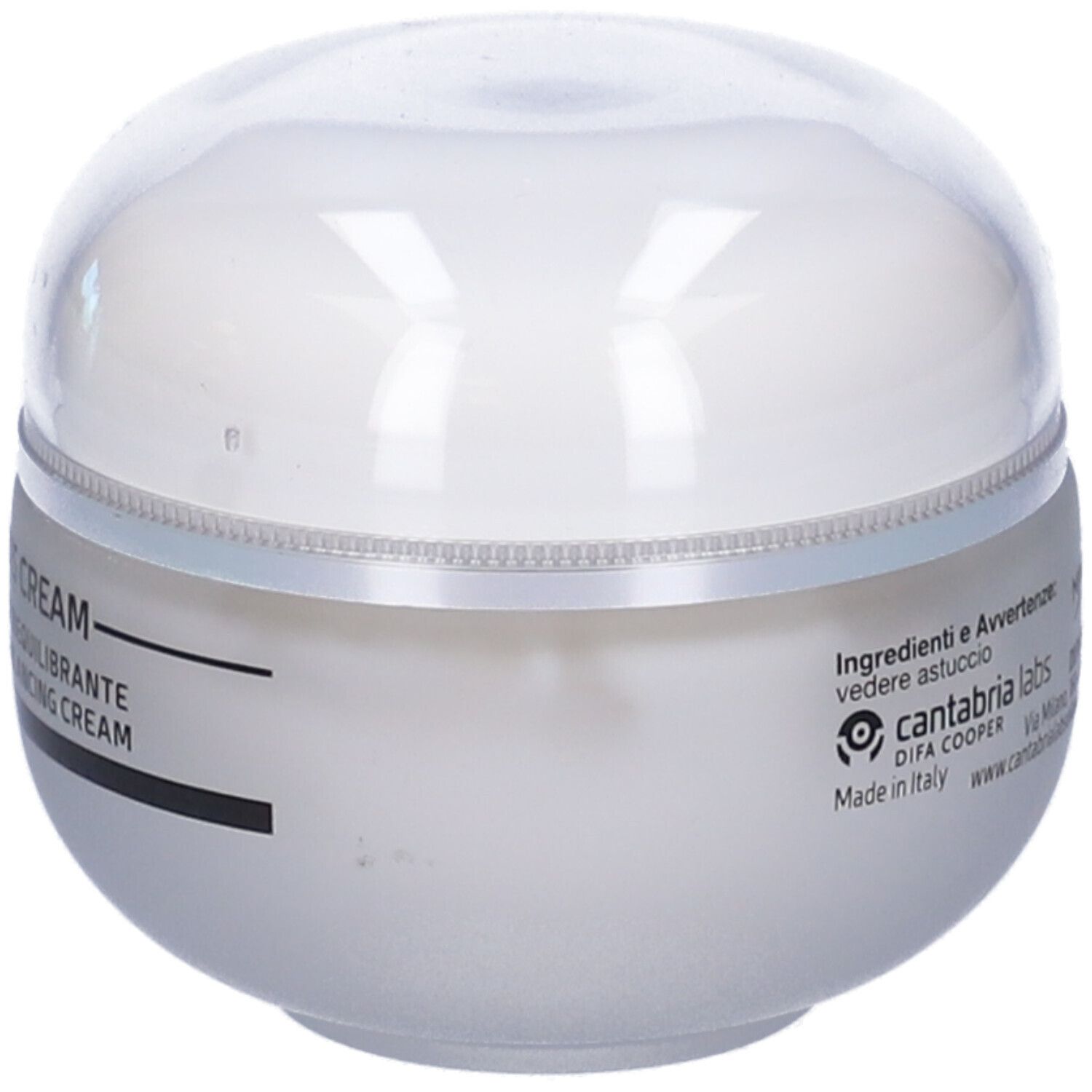 Creme-Dose mit transparentem Deckel. Aufschrift: JALURONIUS CREAM, CREMA IDRATANTE RIEQUILIBRANTE, MOISTURIZING REBALANCING CREAM.