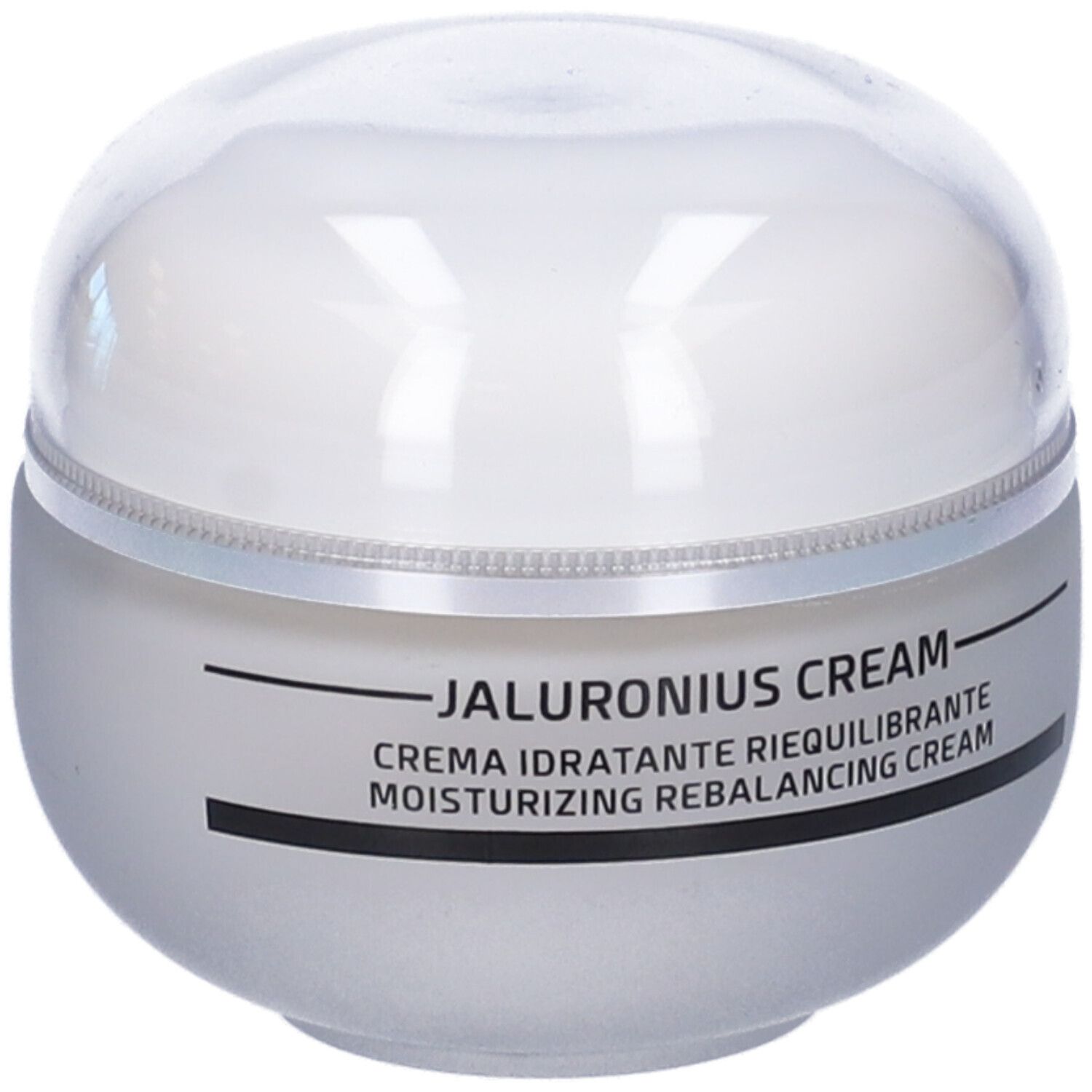 Creme-Dose mit transparentem Deckel. Aufschrift: JALURONIUS CREAM, CREMA IDRATANTE RIEQUILIBRANTE, MOISTURIZING REBALANCING CREAM.