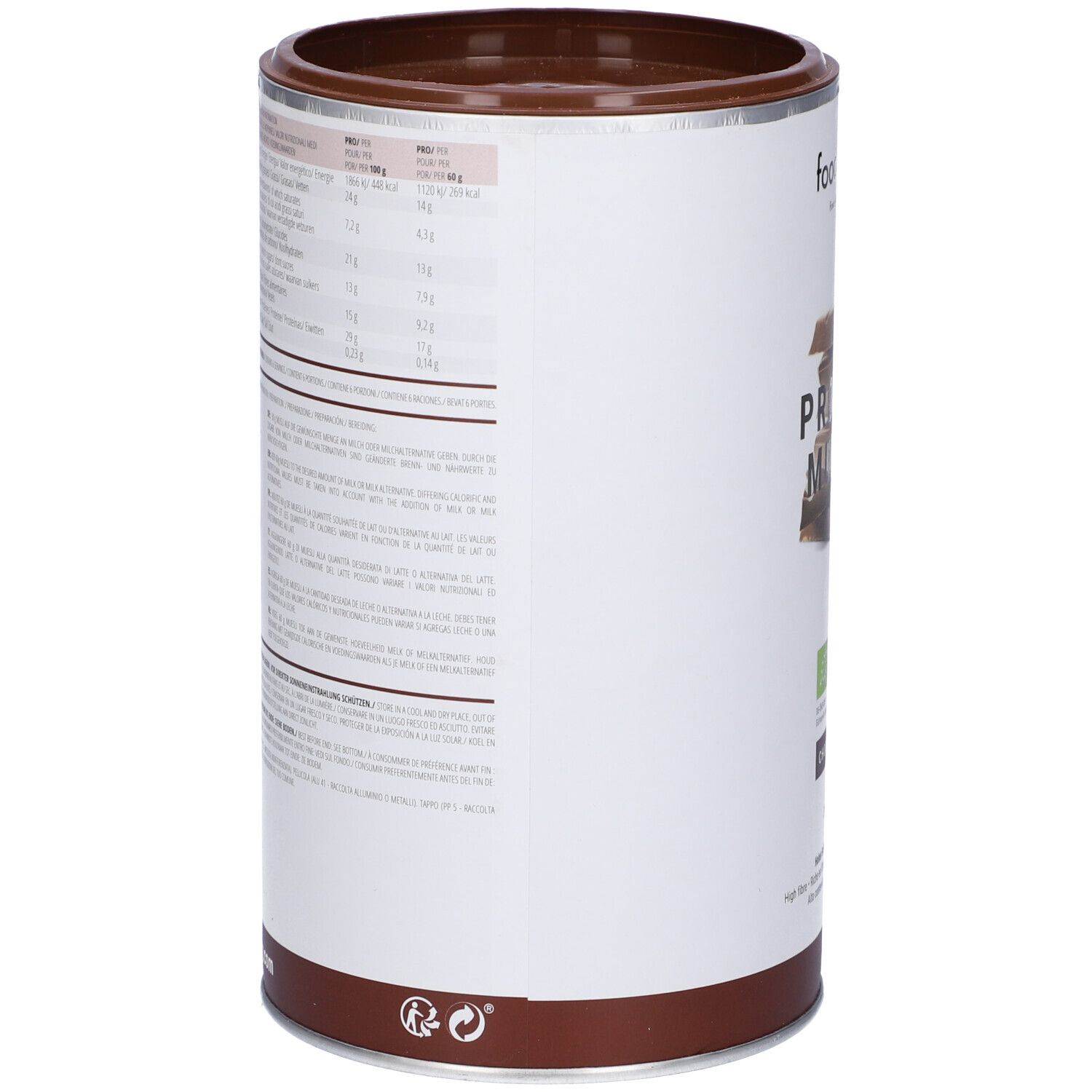 Barattolo di Foodspring Protein Muesli Cioccolato. Lato con informazioni nutrizionali e ingredienti. Coperchio e fondo marroni.