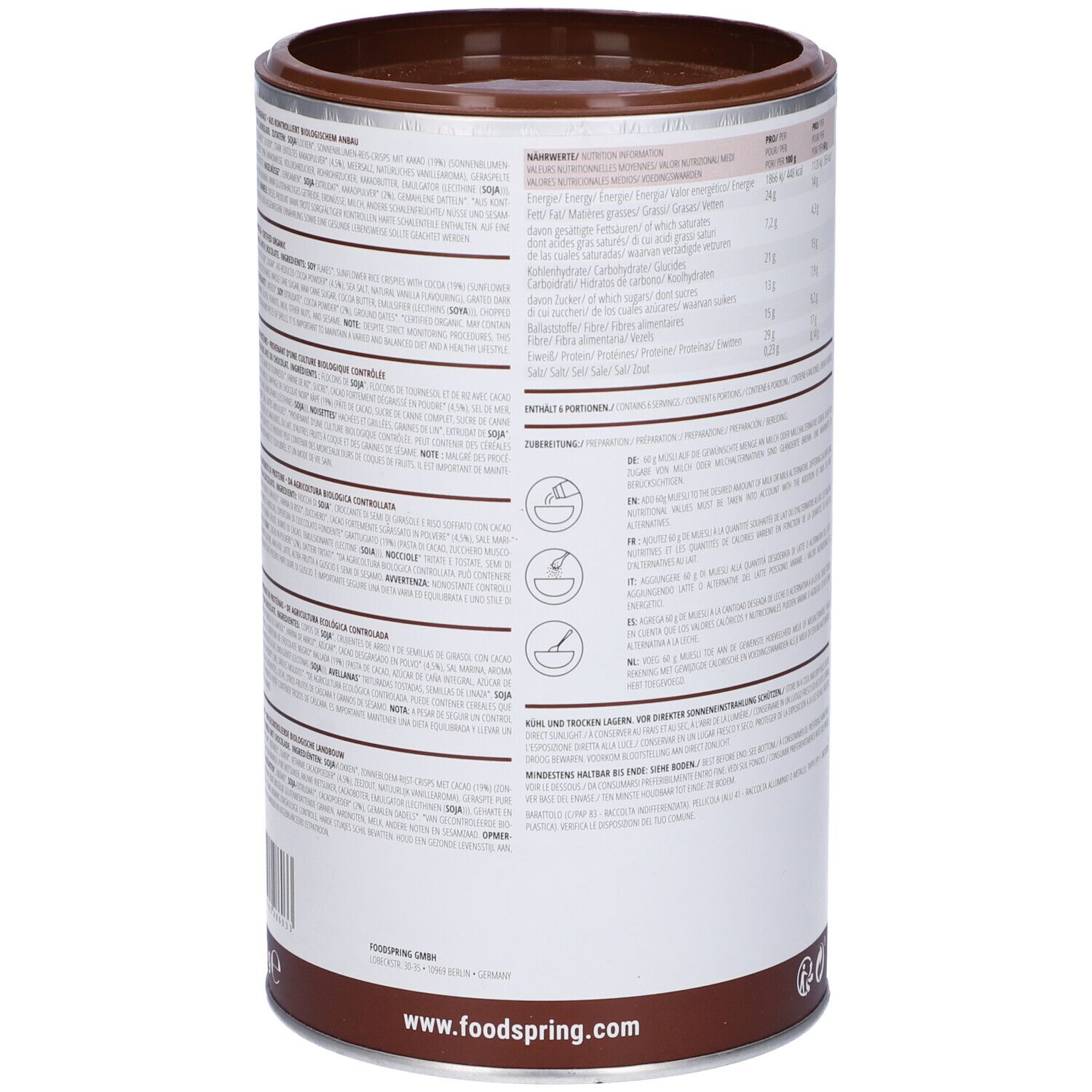 Barattolo di Foodspring Protein Muesli Cioccolato. Lato con istruzioni per la preparazione e ingredienti. Coperchio e fondo marroni.