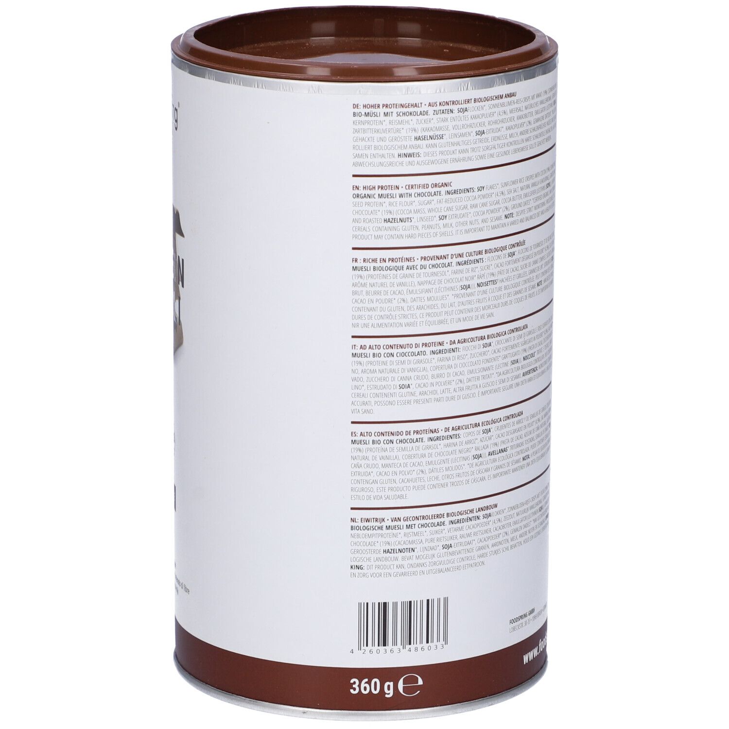 Barattolo di Foodspring Protein Muesli Cioccolato. Retro con ingredienti e informazioni nutrizionali. Coperchio e fondo marroni.