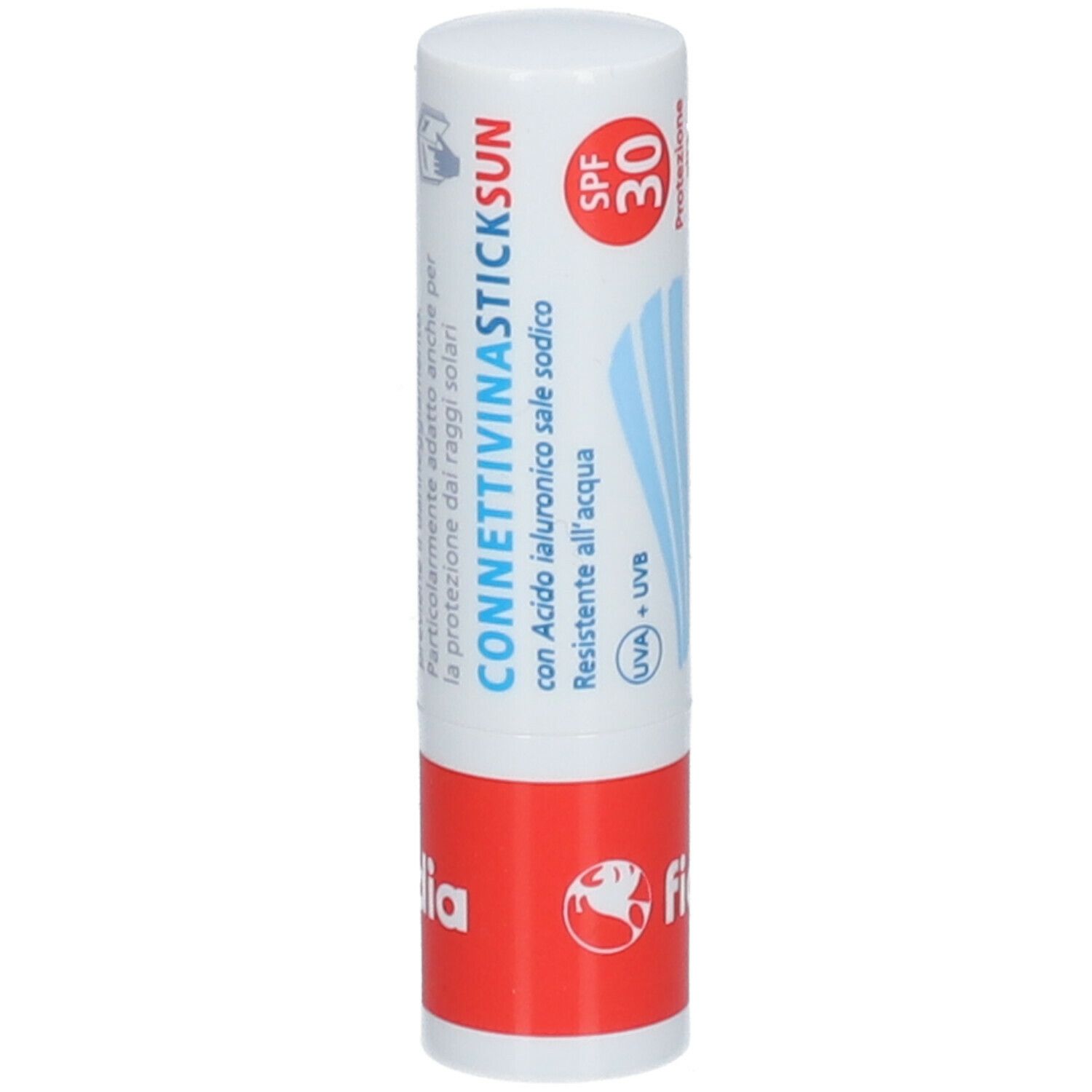 Stick labbra. Bianco, rosso. Con SPF 30 e nome prodotto. Marchio Fidia.