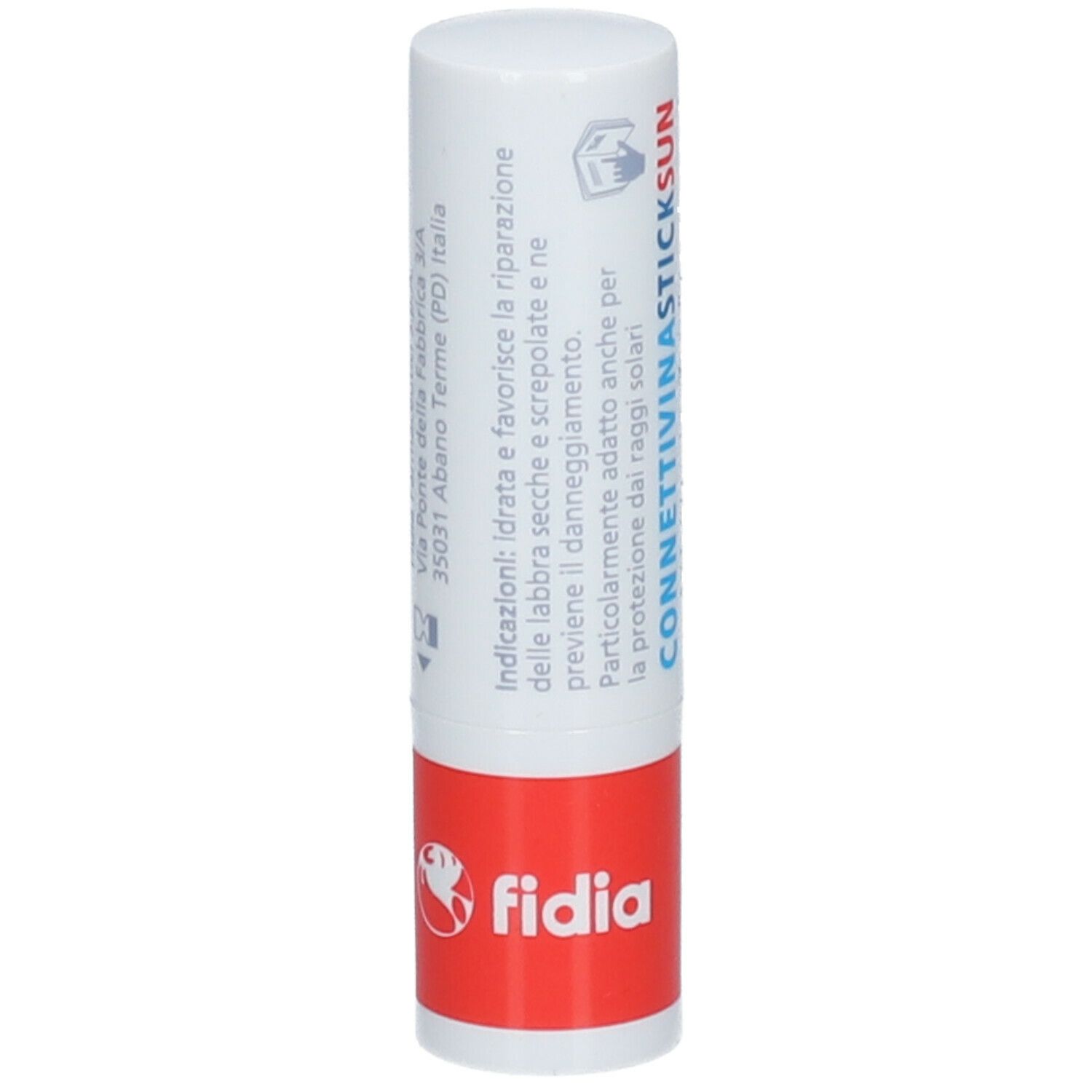 Stick labbra. Bianco, rosso. Con informazioni prodotto e marchio Fidia.