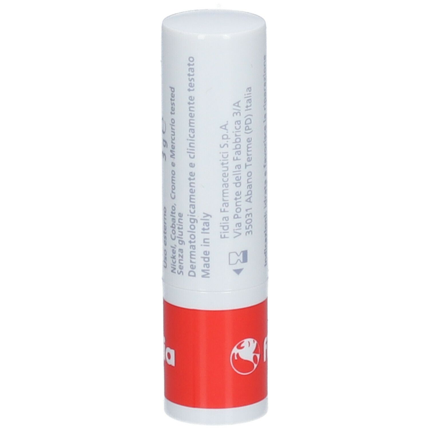 Stick labbra. Bianco, rosso. Con informazioni prodotto e marchio Fidia.