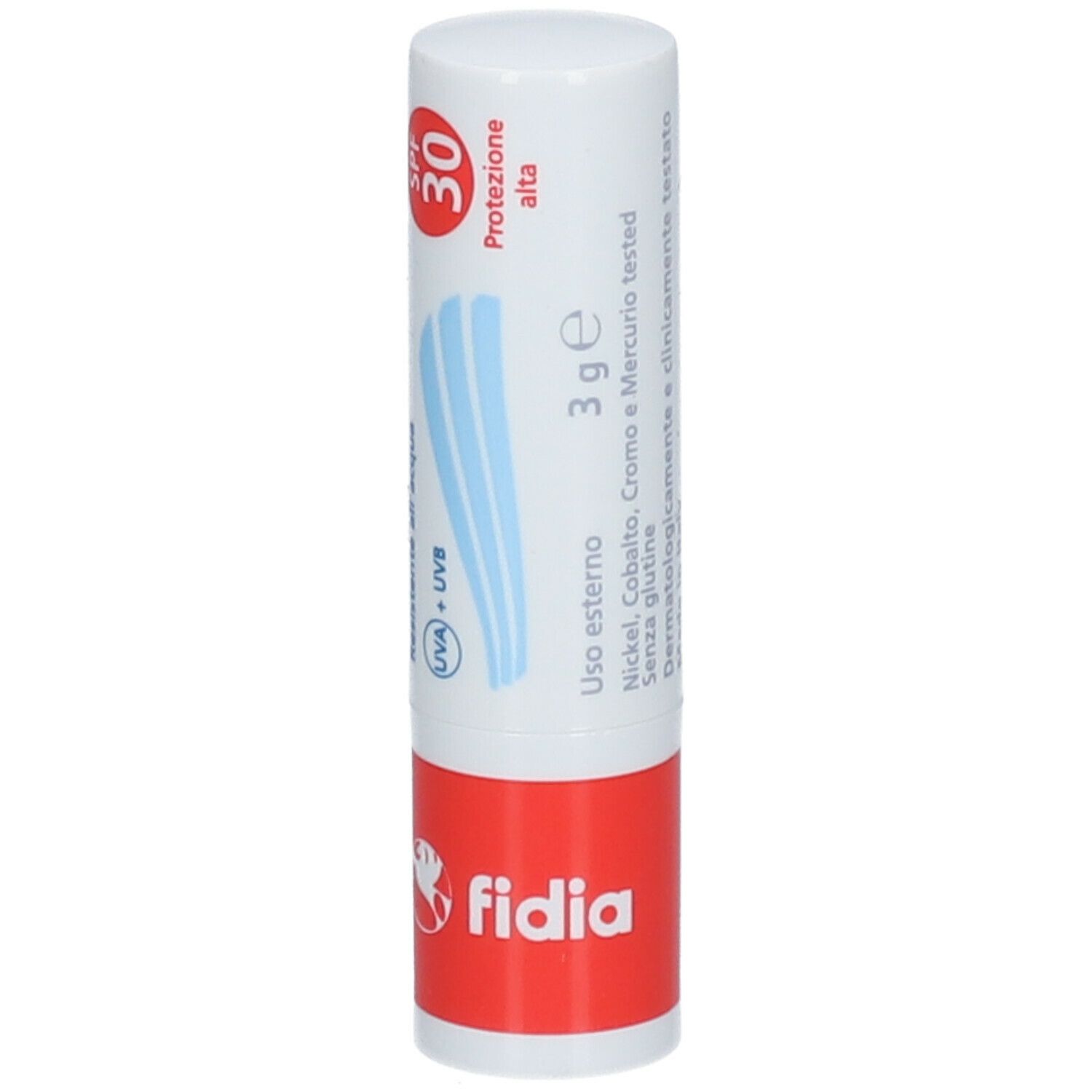 Stick labbra. Bianco, rosso. Con SPF 30 e informazioni prodotto. Marchio Fidia.
