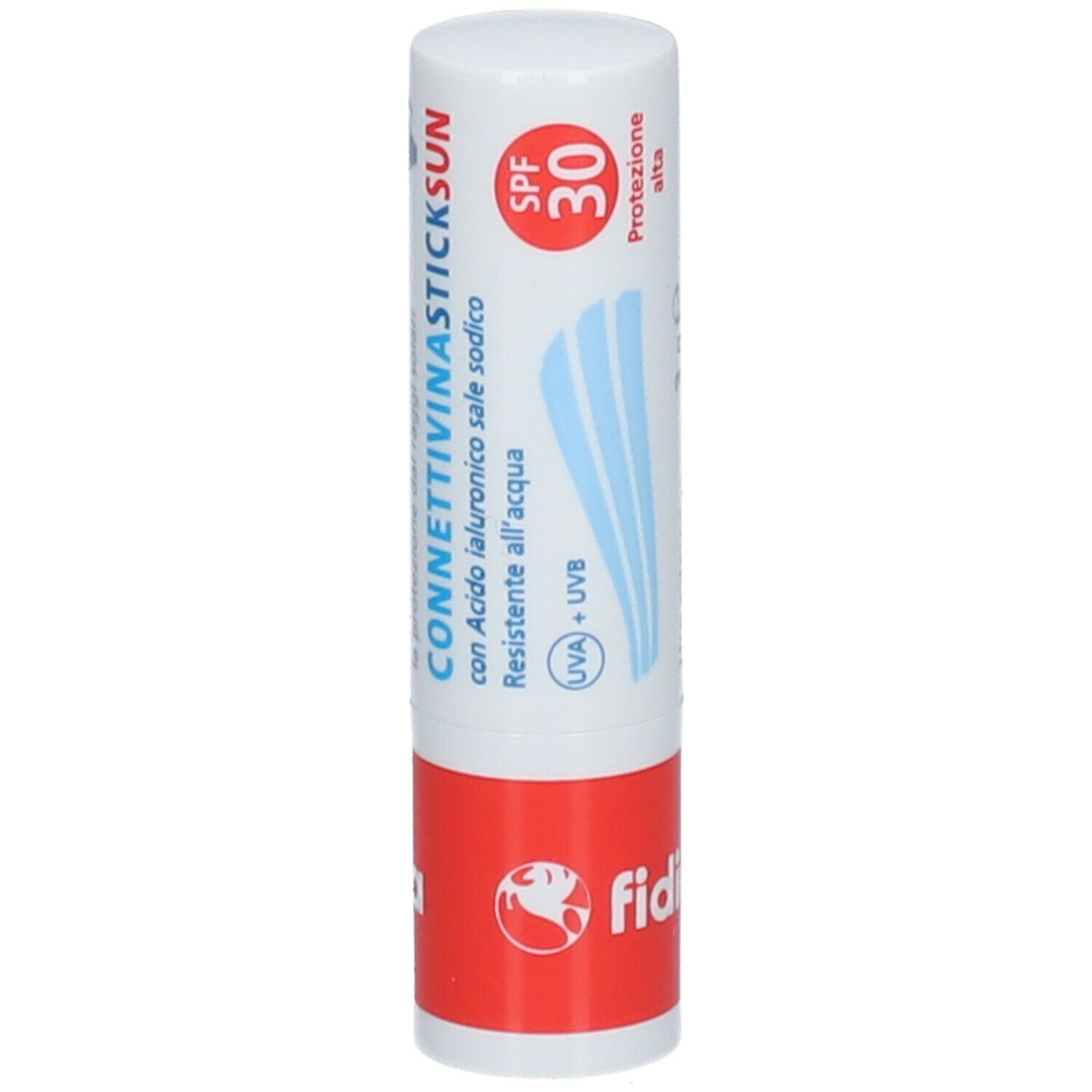 Stick labbra. Bianco, rosso. Con SPF 30 e nome prodotto. Marchio Fidia.