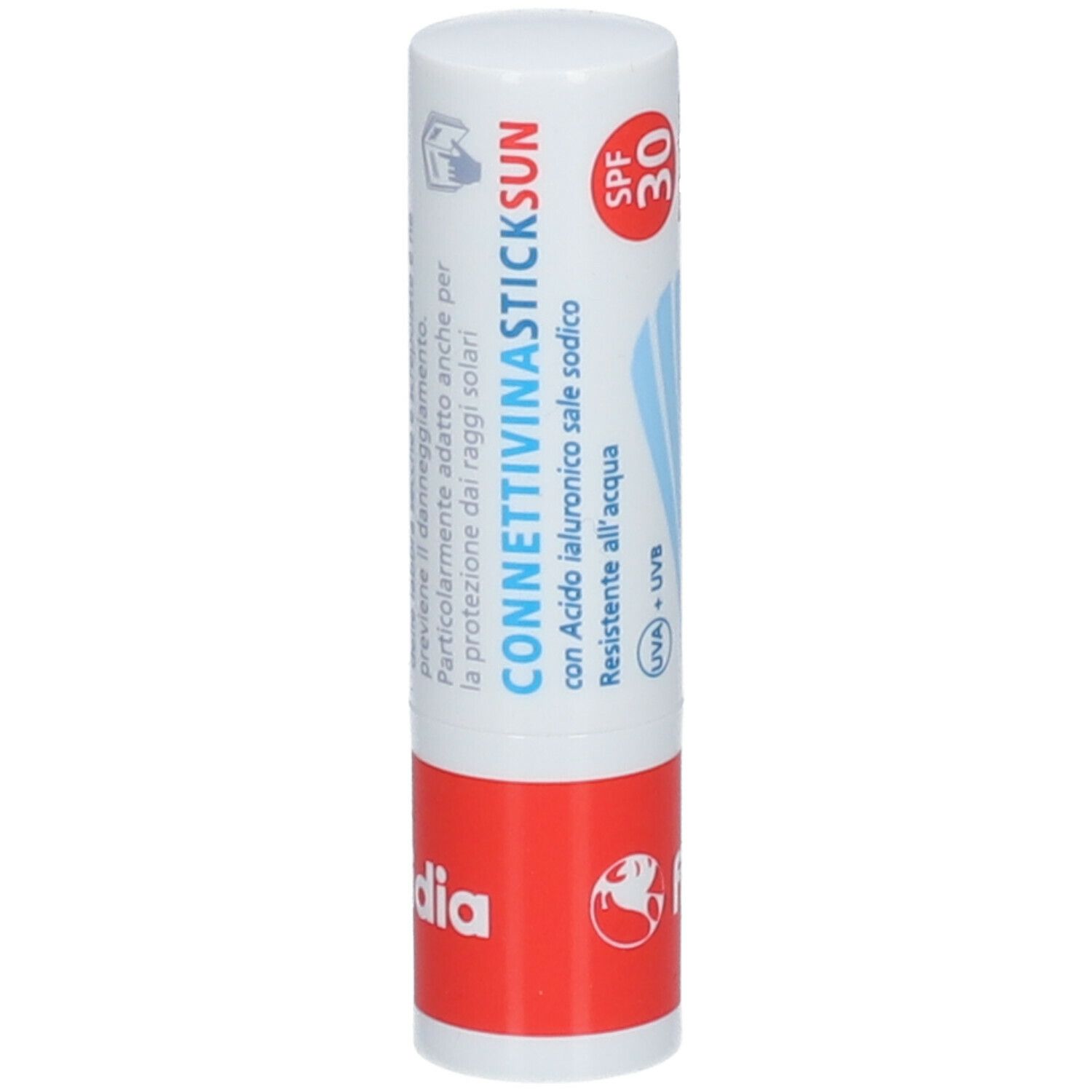Stick labbra. Bianco, rosso. Con informazioni prodotto e marchio Fidia.