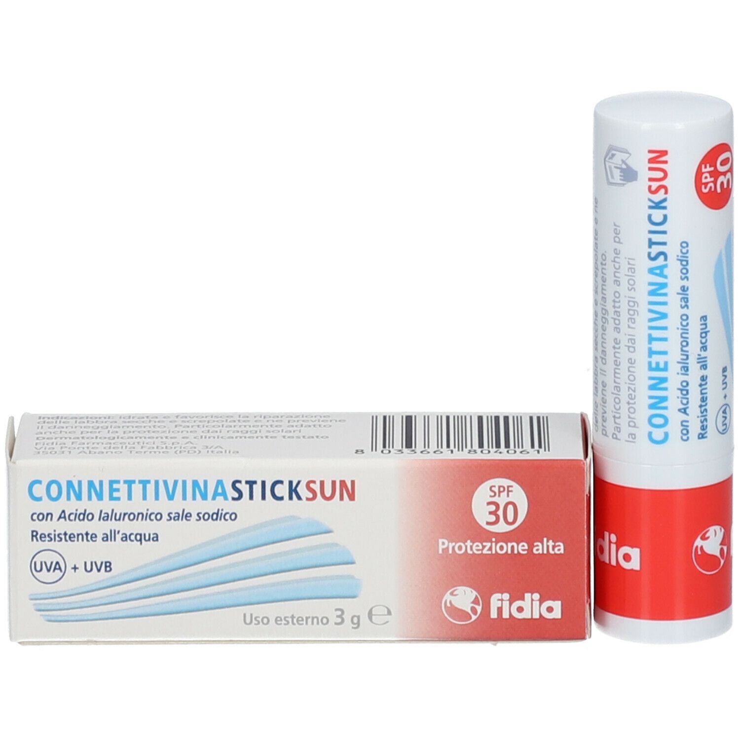 Stick labbra e confezione. Bianco, rosso. Con SPF 30 e nome prodotto. Marchio Fidia.