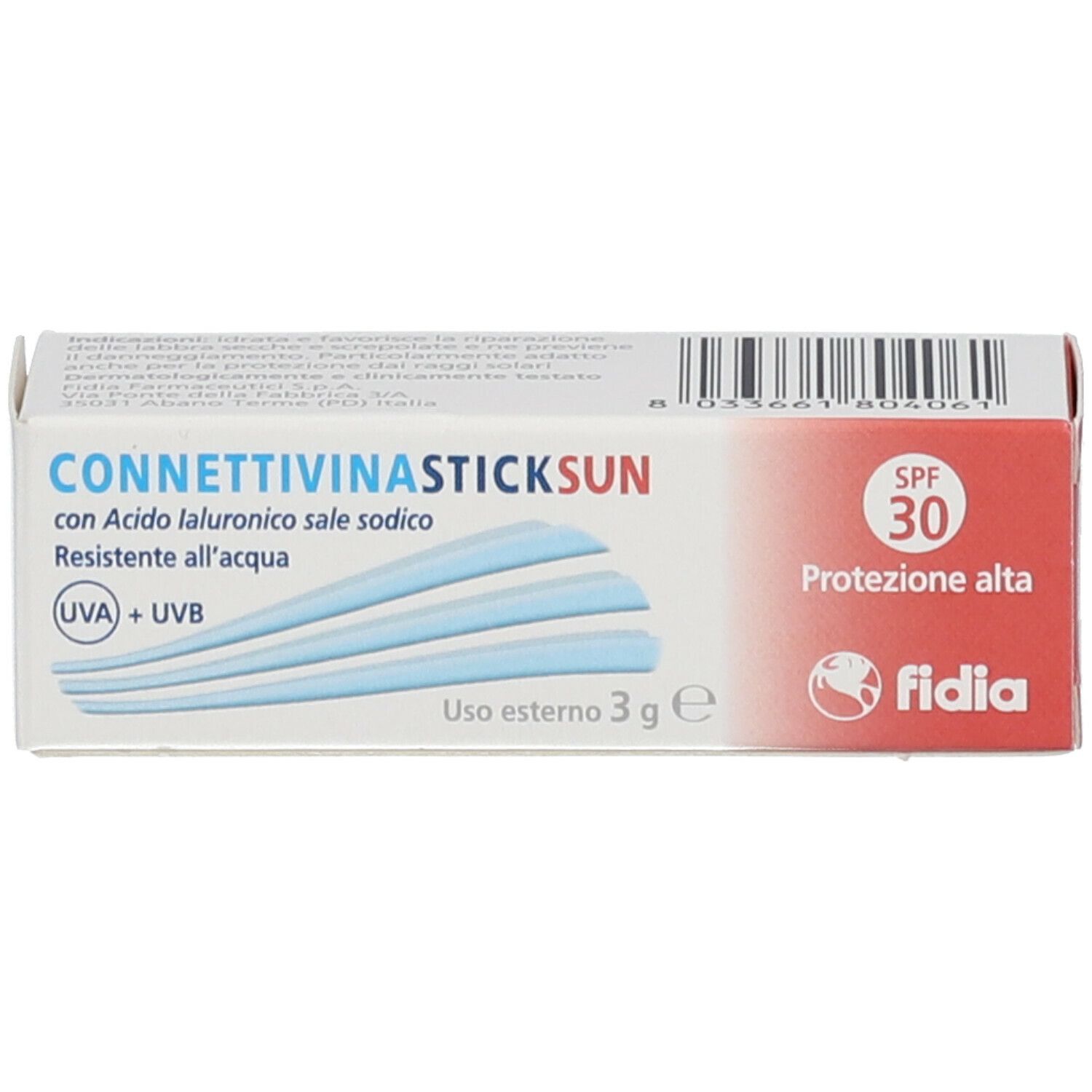 Confezione. Rosso, bianco. Con nome prodotto, SPF 30 e marchio Fidia.