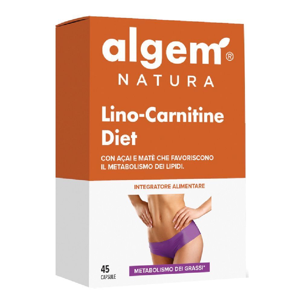 Scatola arancione e bianca. Scritta: Algem Natura, Lino-Carnitine Diet. Immagine di donna. 45 capsule.