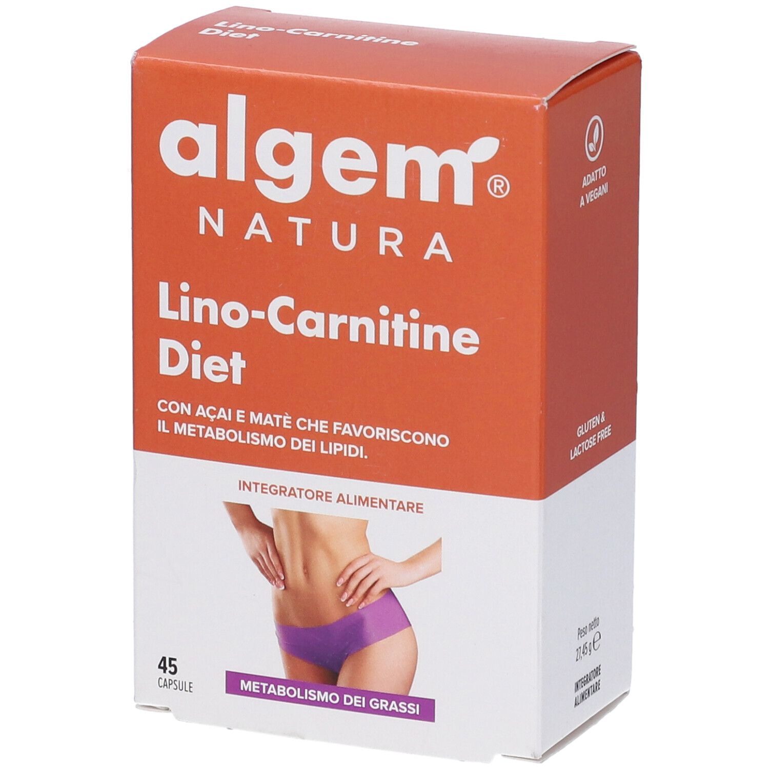 Confezione del prodotto. Arancione e bianca. Scritta: Algem Natura, Lino-Carnitine Diet. Loghi vegano e senza glutine.