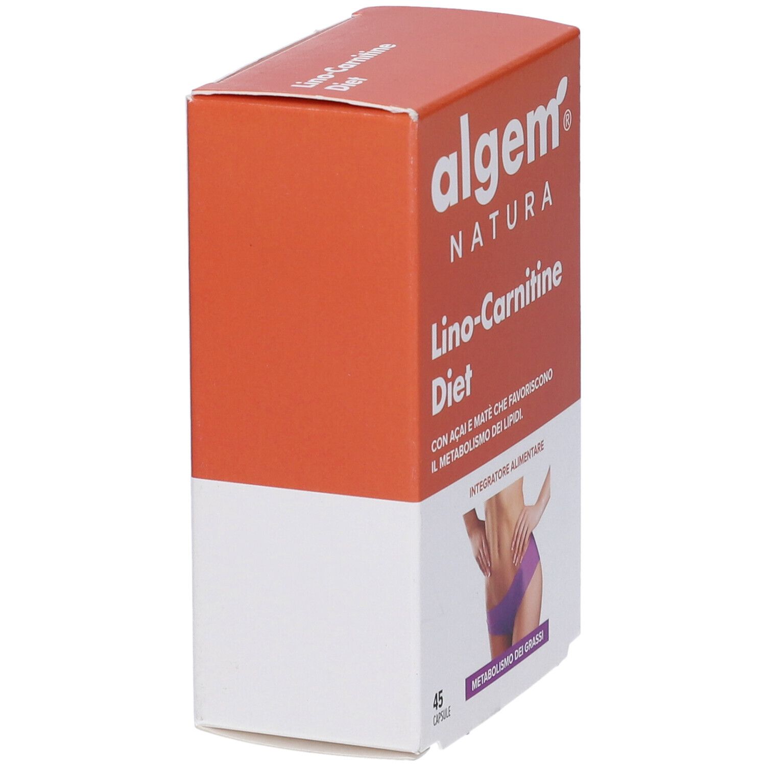 Confezione del prodotto. Arancione e bianca. Scritta: Algem Natura, Lino-Carnitine Diet. Vista laterale.