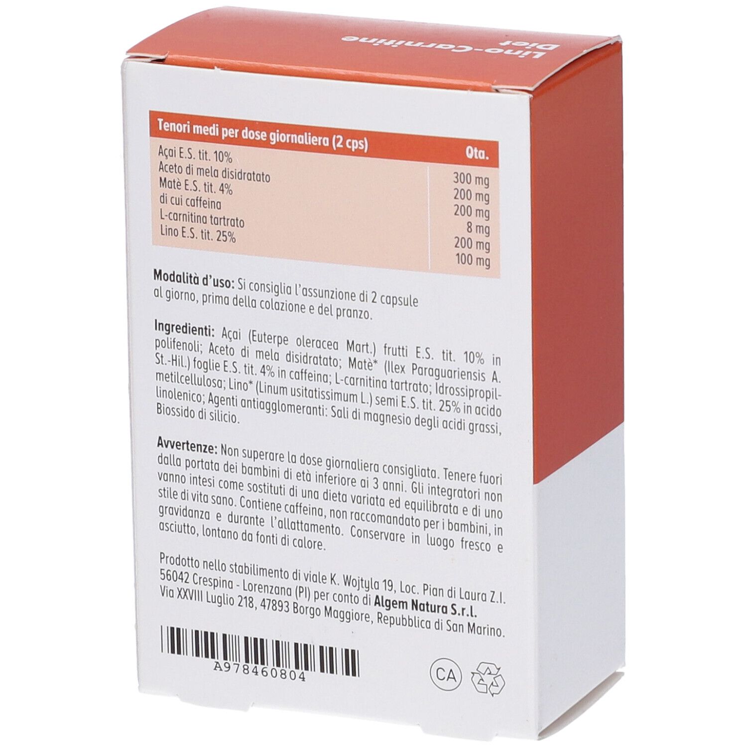 Retro della confezione del prodotto. Testo con ingredienti e avvertenze. Testo bianco su sfondo arancione.