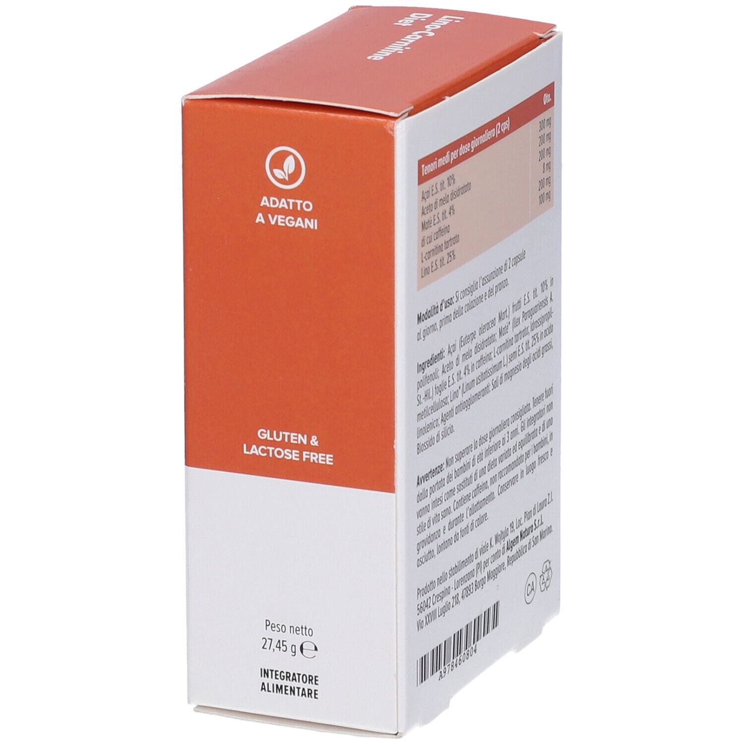 Confezione del prodotto. Arancione e bianca. Scritta: Algem Natura, Lino-Carnitine Diet. Loghi vegano e senza glutine.