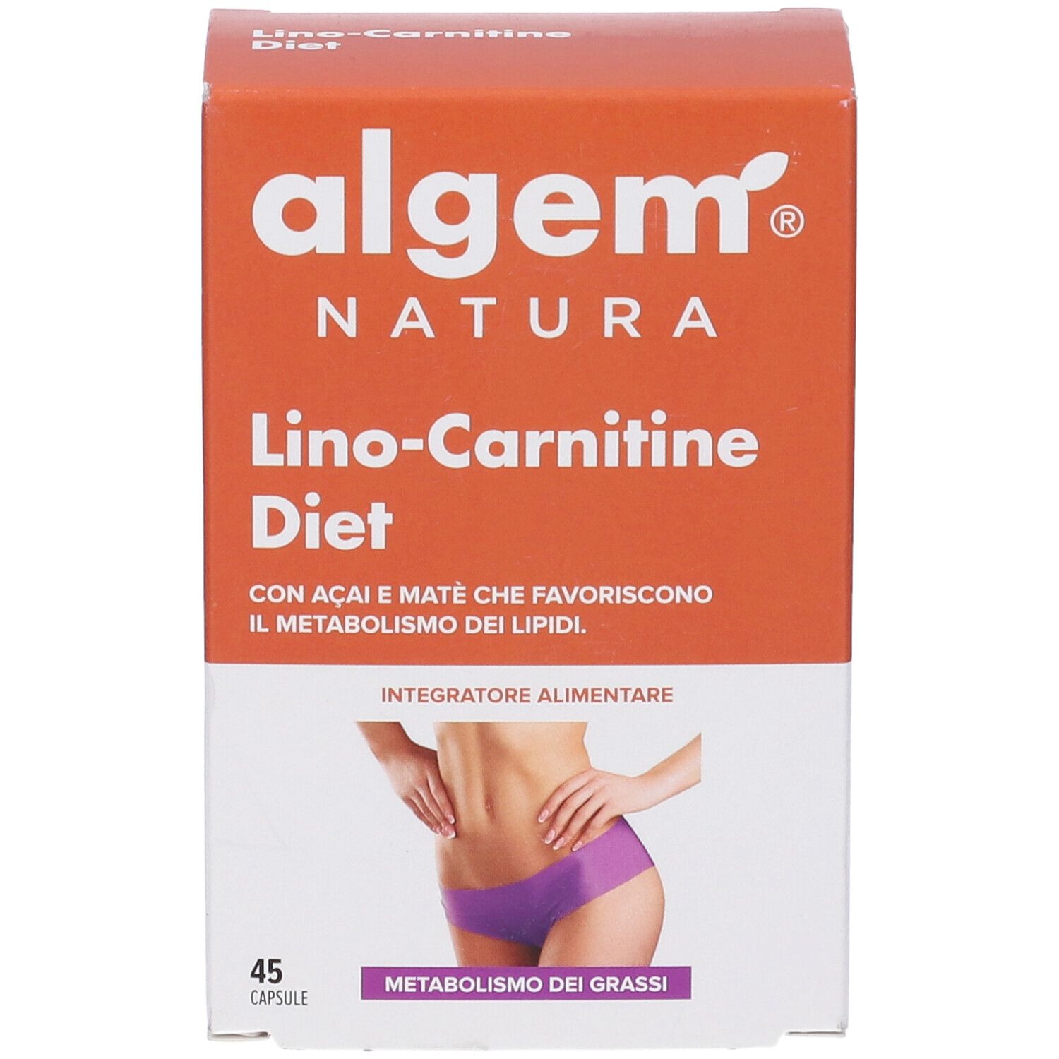 Confezione del prodotto. Arancione e bianca. Scritta: Algem Natura, Lino-Carnitine Diet. Immagine di donna. 45 capsule.