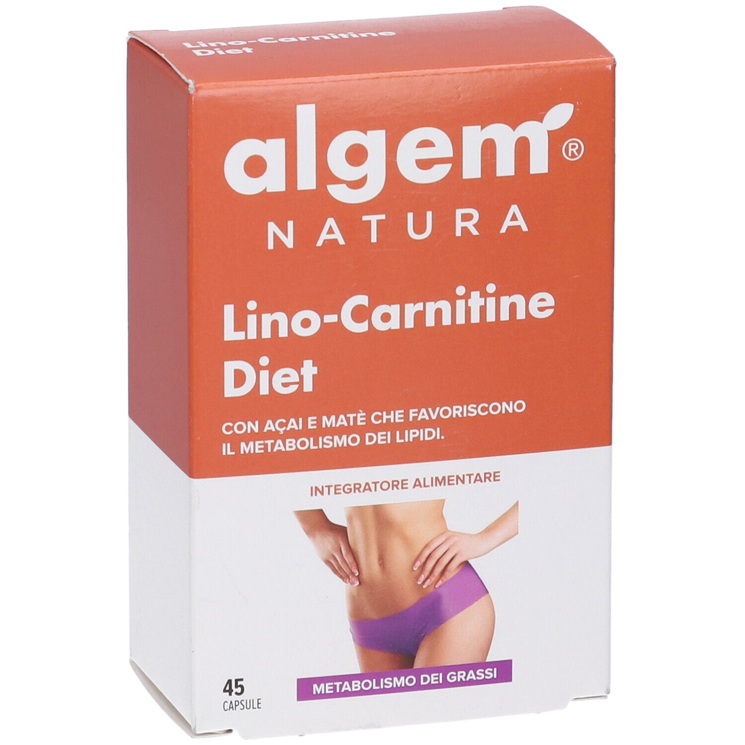 Confezione del prodotto. Arancione e bianca. Scritta: Algem Natura, Lino-Carnitine Diet. Immagine di donna. 45 capsule.