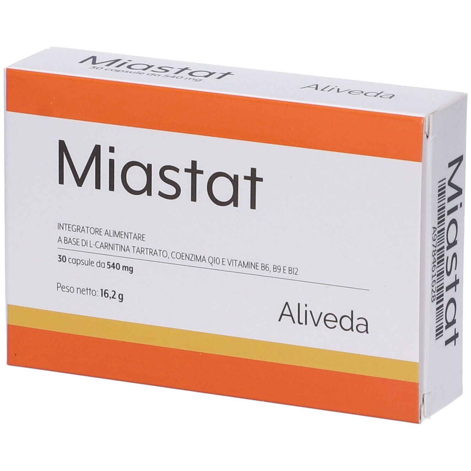Scatola bianca con dettagli arancioni. Scritto "Miastat" e "Aliveda". Contiene 30 capsule.