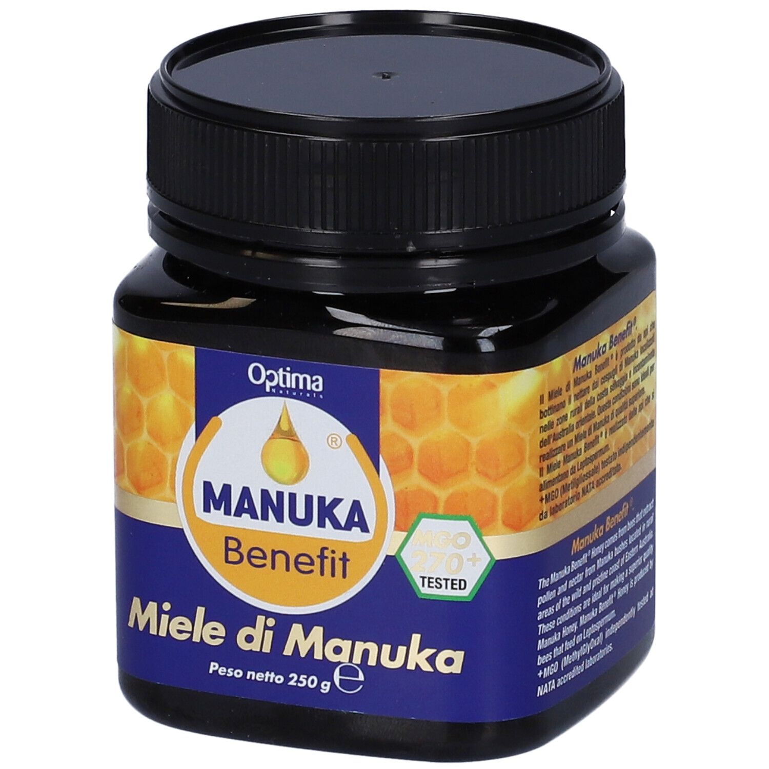 Vasetto di miele Manuka Benefit. Etichetta blu con logo giallo e testo. MGO 270+ testato. Sfondo a nido d'ape.