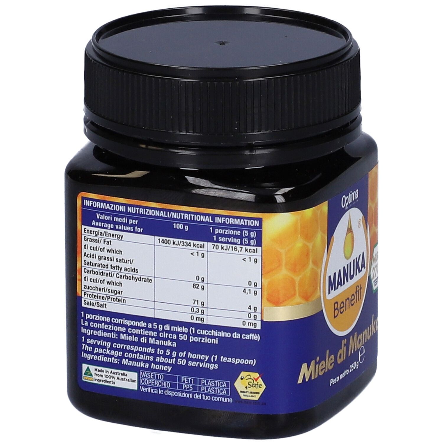 Vasetto di miele Manuka Benefit. Retro con informazioni nutrizionali e ingredienti. Sfondo a nido d'ape.