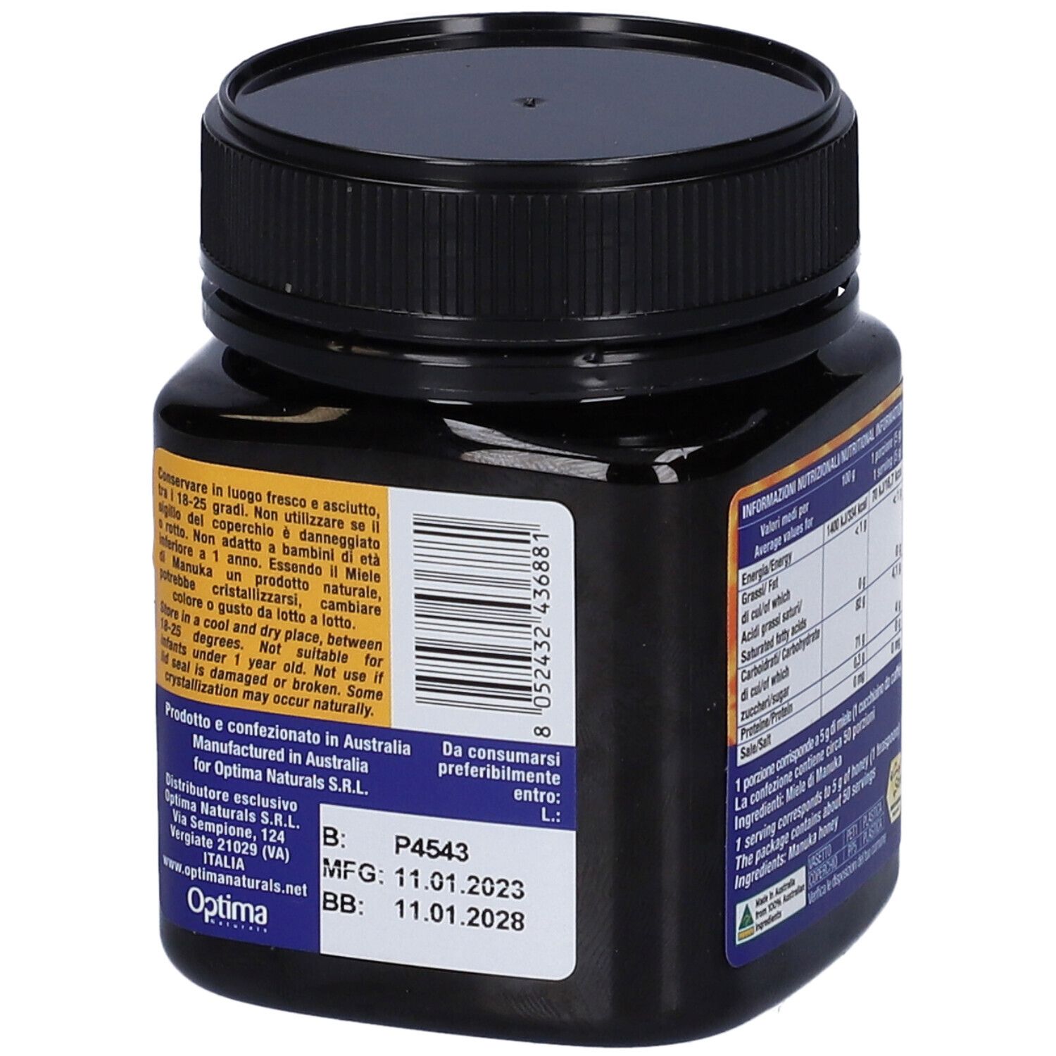 Vasetto di miele Manuka Benefit. Retro con avvertenze e numero di lotto. Codice a barre e data di scadenza.