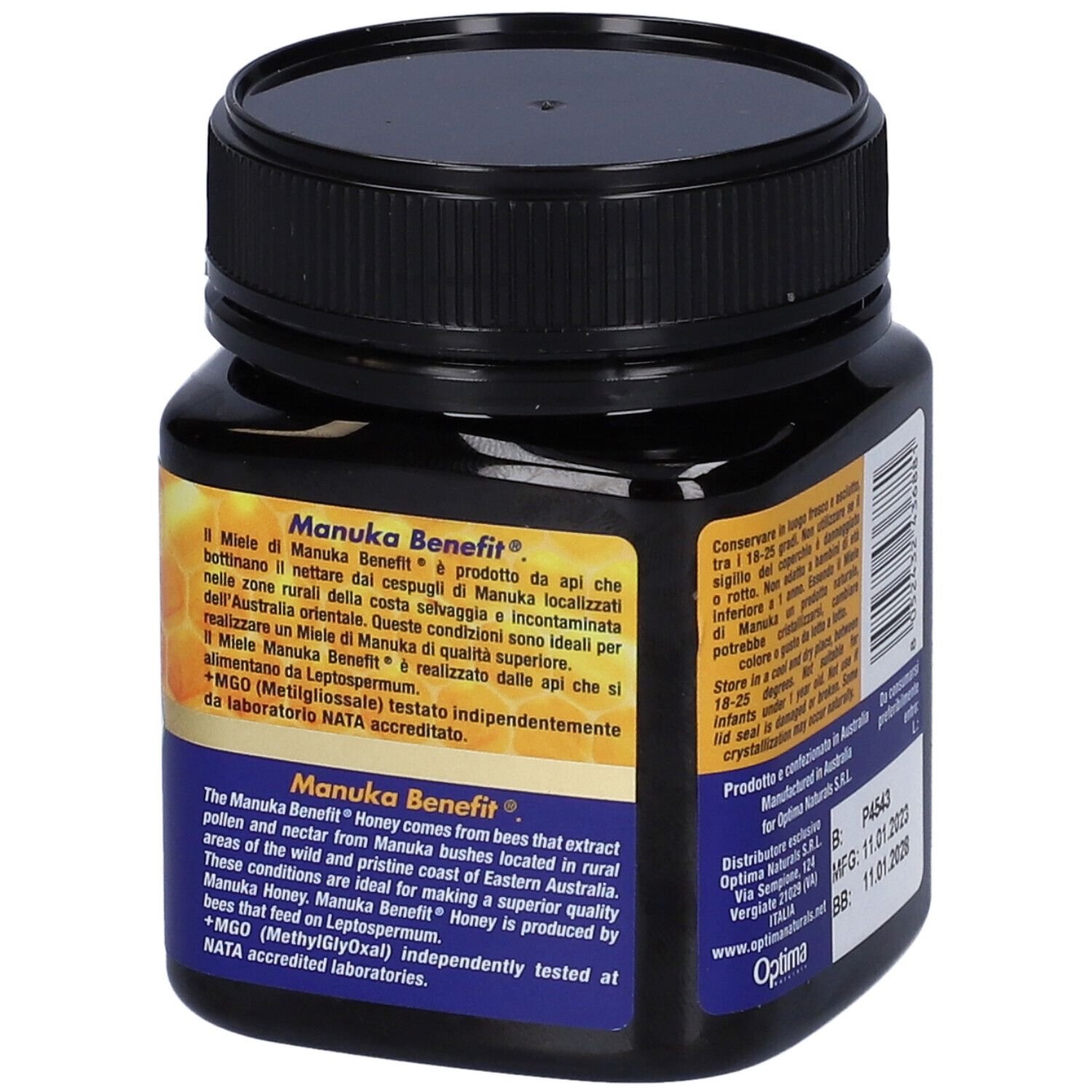 Vasetto di miele Manuka Benefit. Retro con descrizione del prodotto e informazioni del produttore. Testo in inglese.
