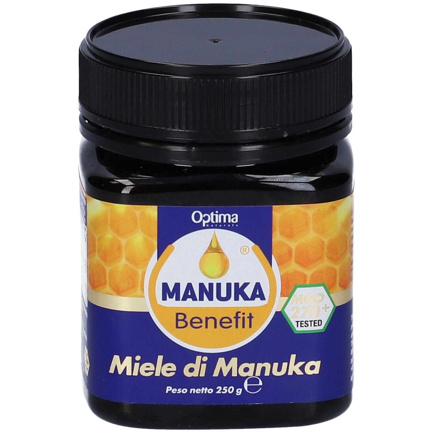 Vasetto di miele Manuka Benefit. Fronte con logo, testo e certificazione MGO 270+. 250g.