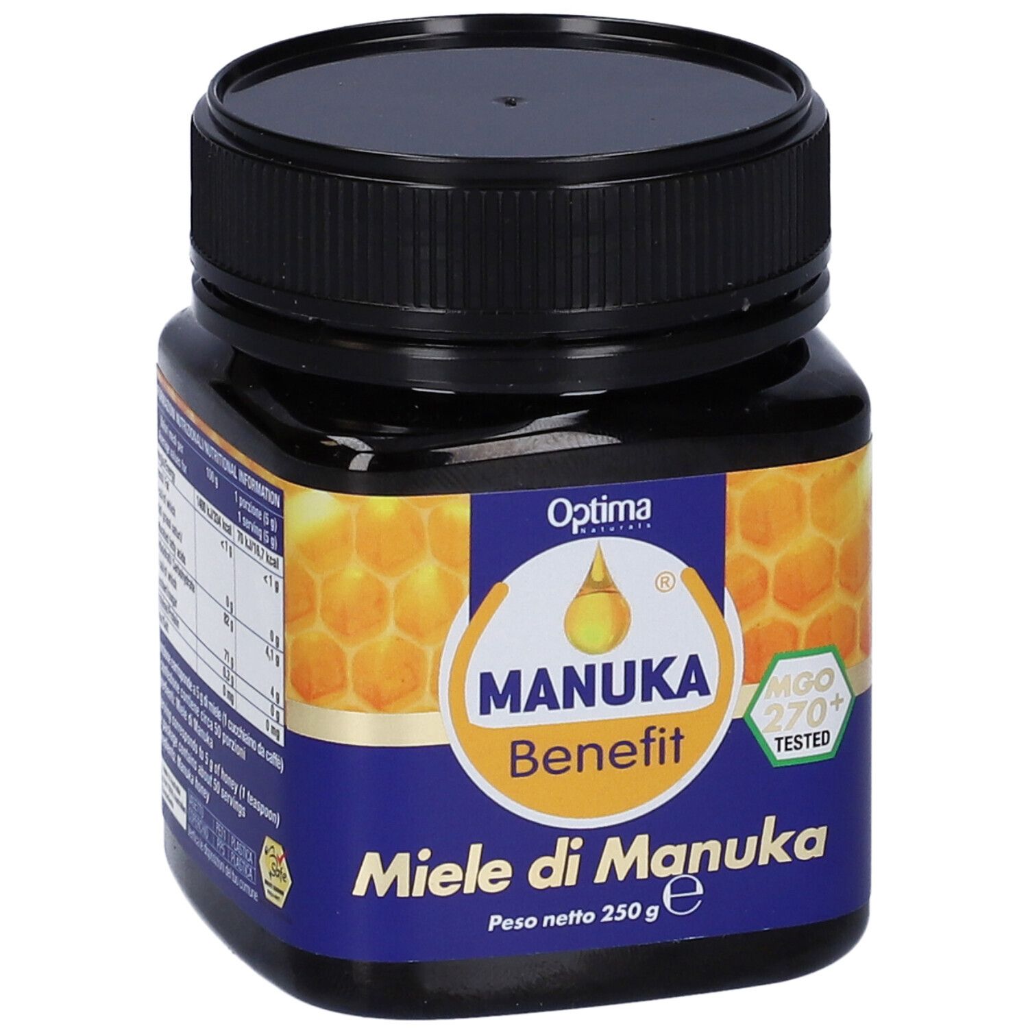 Vasetto di miele Manuka Benefit. Fronte con logo, testo e certificazione MGO 270+. 250g. Primo piano.