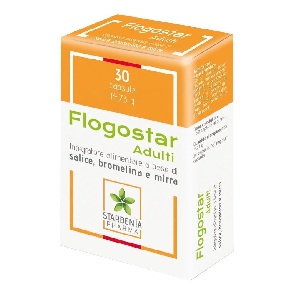 Confezione di Flogostar Adulti. Coperchio arancione con testo. 30 capsule. Scatola bianca con nome del prodotto e ingredienti.