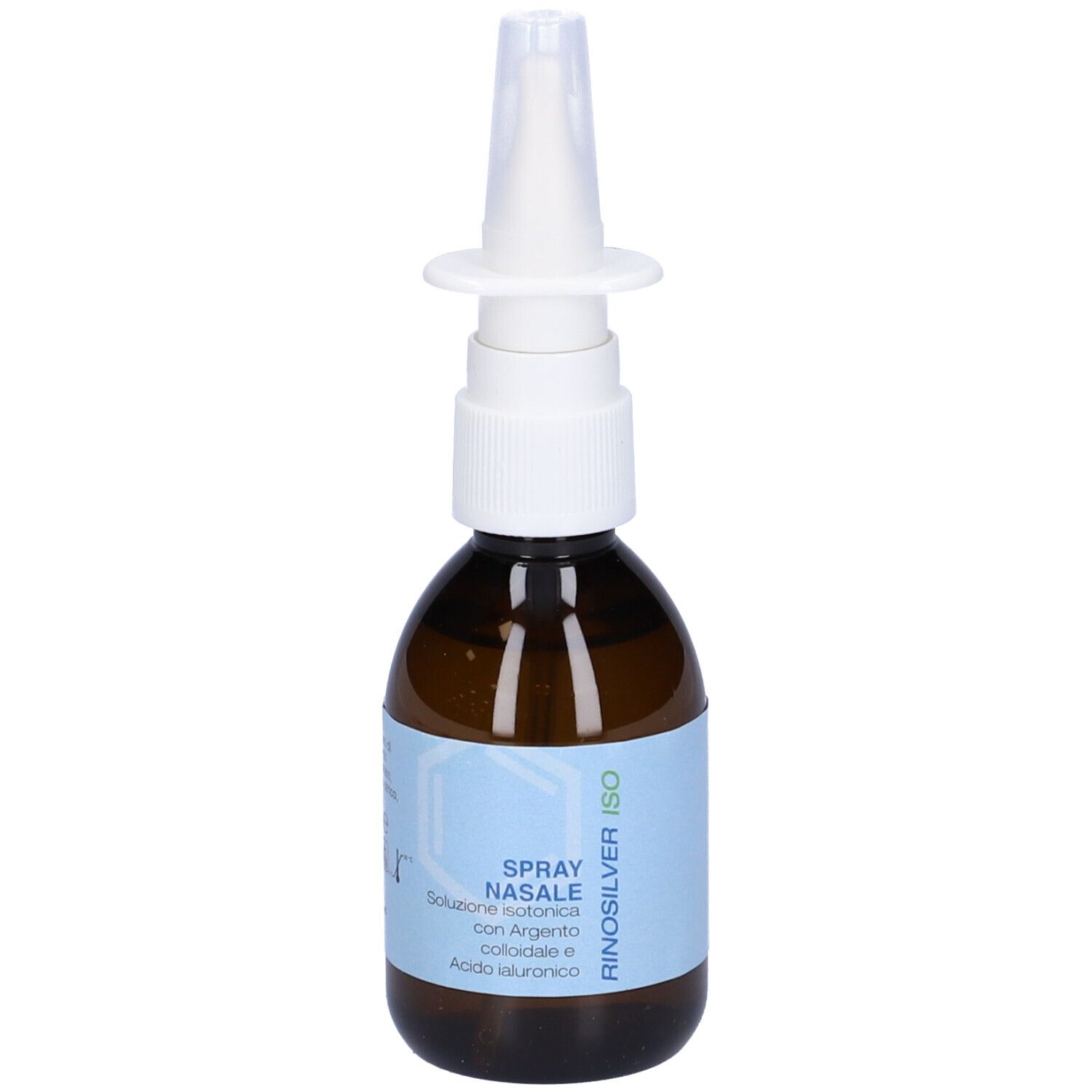 Flacone di vetro marrone con erogatore spray bianco. Scritta: Spray Nasale. Etichetta con nome del prodotto e ingredienti.