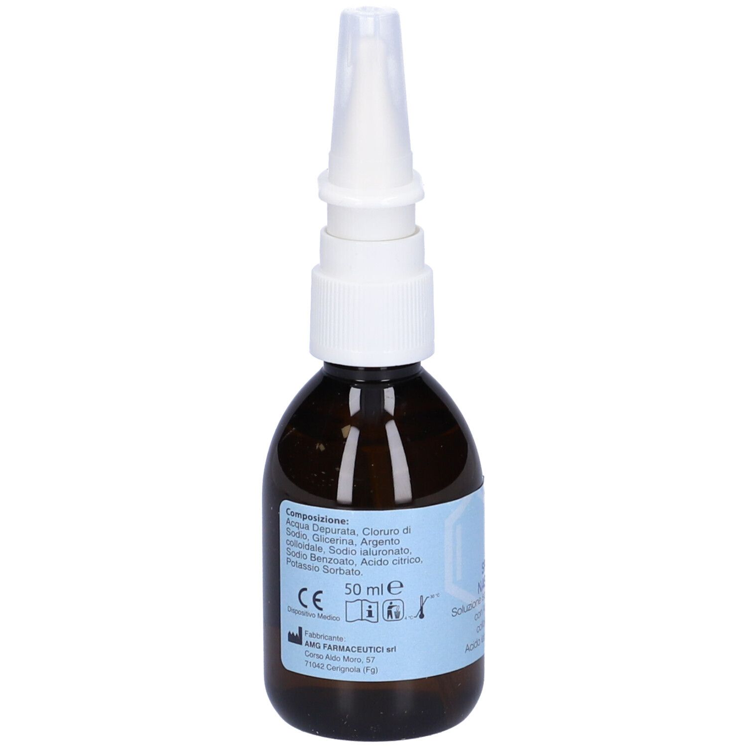 Flacone di vetro marrone con erogatore spray bianco. Scritta: Spray Nasale. Etichetta con ingredienti e marchio CE.