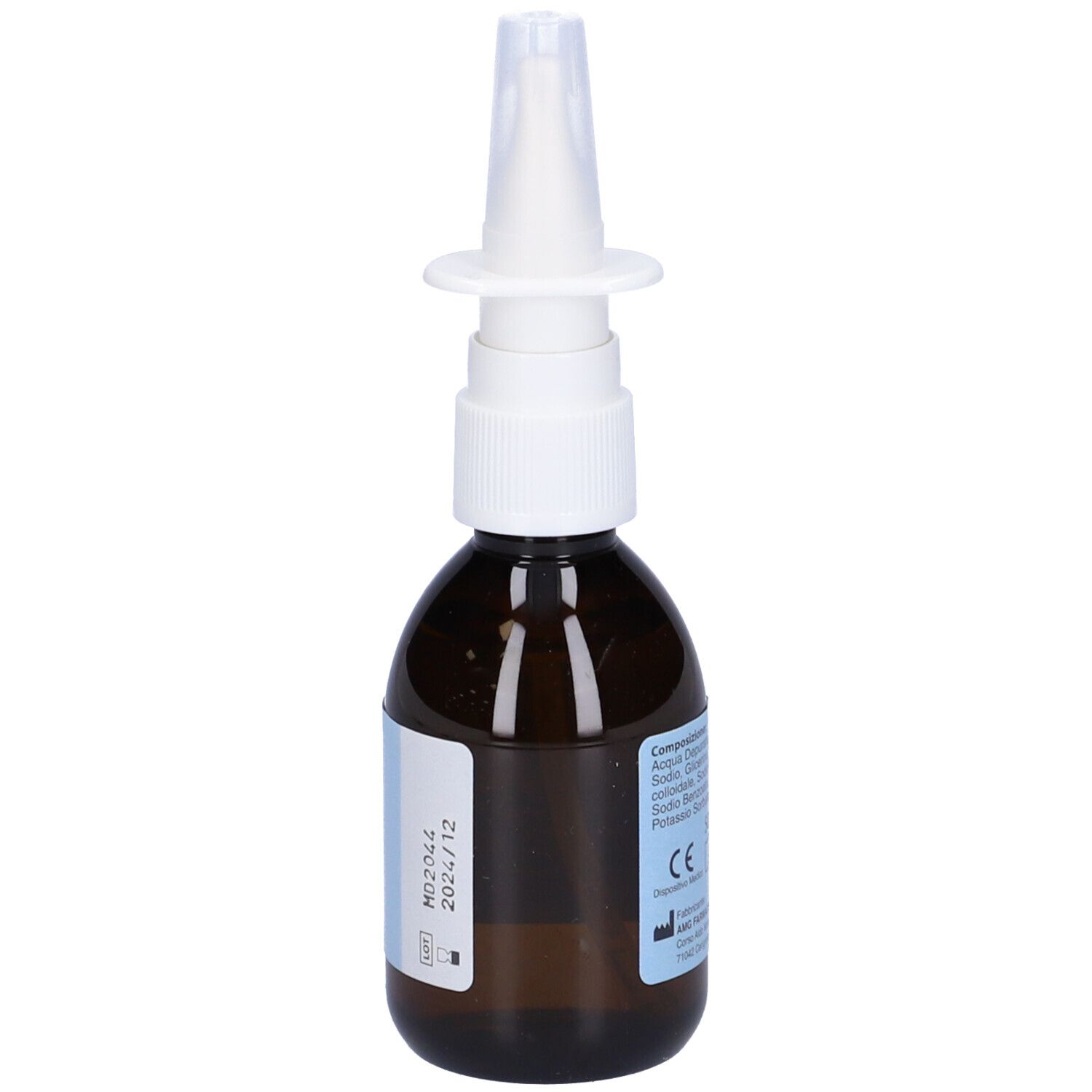 Flacone di vetro marrone con erogatore spray bianco. Scritta: Spray Nasale. Etichetta con data di scadenza e marchio CE.
