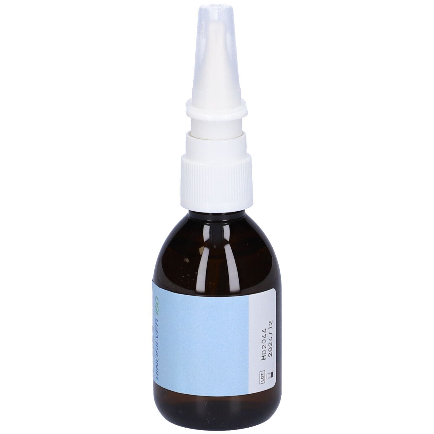 Flacone di vetro marrone con erogatore spray bianco. Scritta: Spray Nasale. Etichetta con data di scadenza e marchio CE.