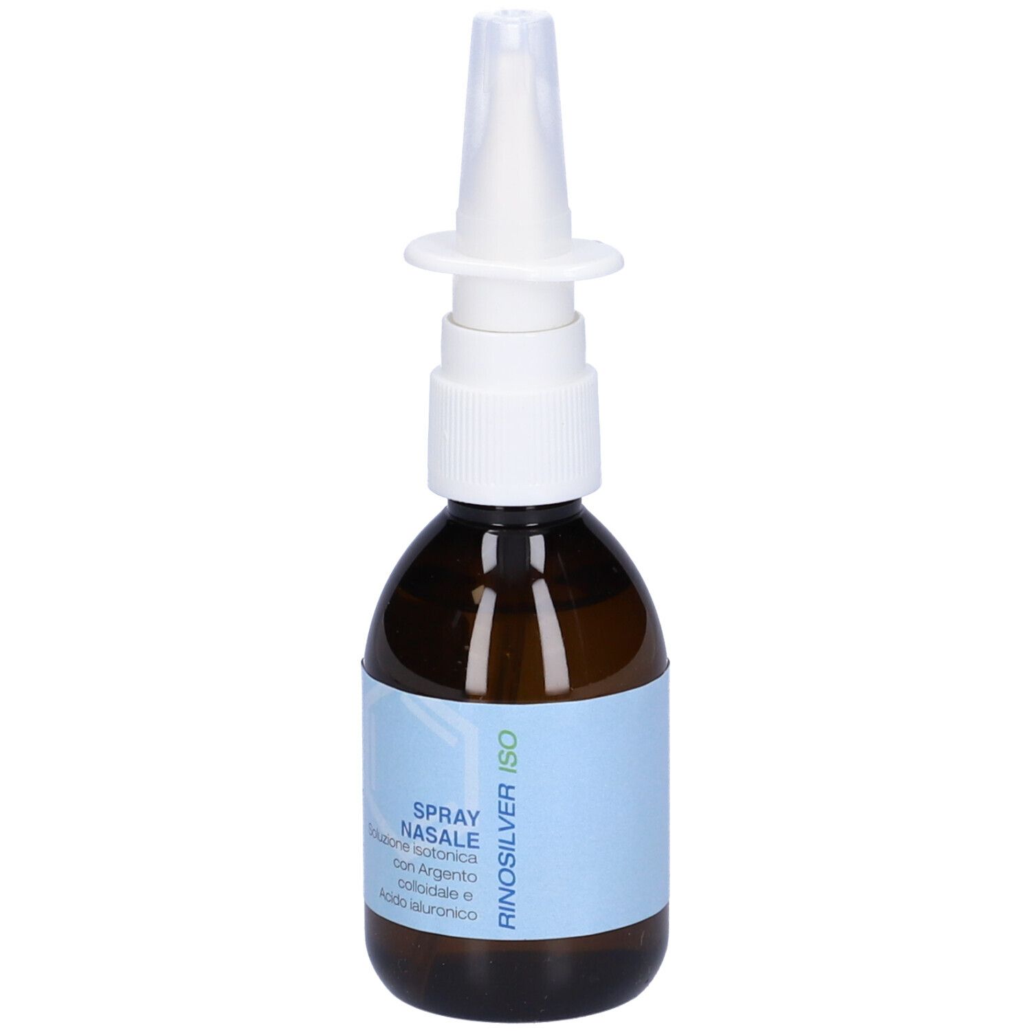Flacone di vetro marrone con erogatore spray bianco. Scritta: Spray Nasale. Etichetta con nome del prodotto e ingredienti.