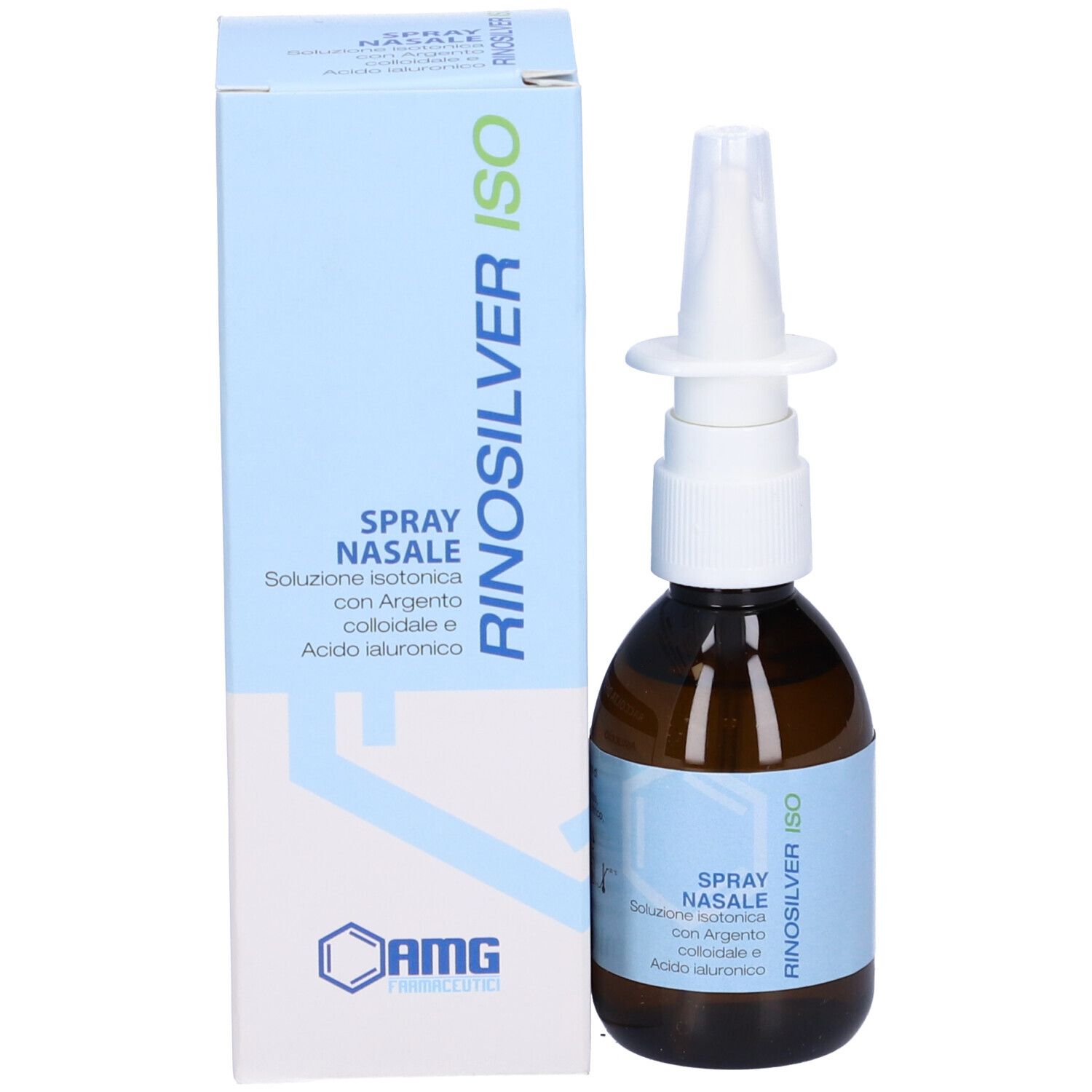 Flacone e confezione affiancati. Scritta: Rinosilver ISO Spray Nasale. Confezione azzurra.