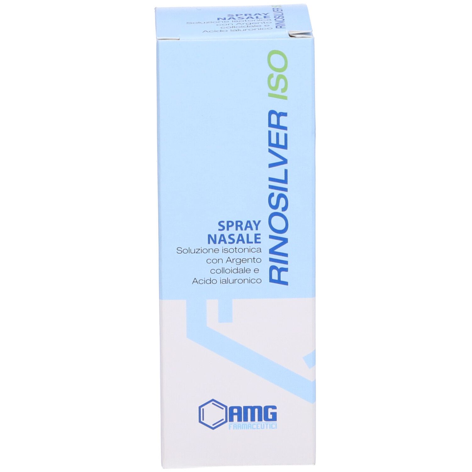 Confezione azzurra con nome del prodotto: Rinosilver ISO Spray Nasale. Logo del produttore AMG Farmaceutici.