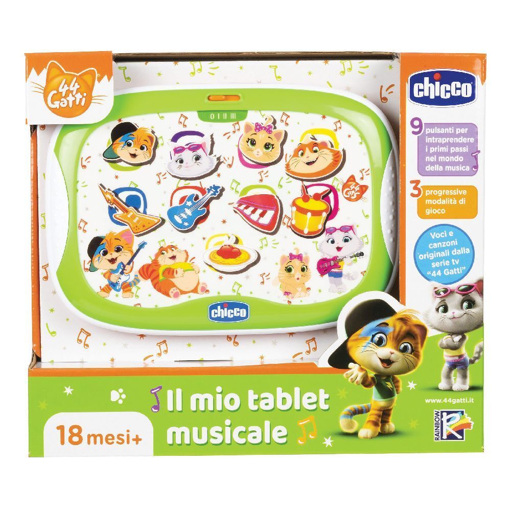 Tablet musicale per bambini con personaggi di gatti. Confezione con nome del prodotto e età consigliata.