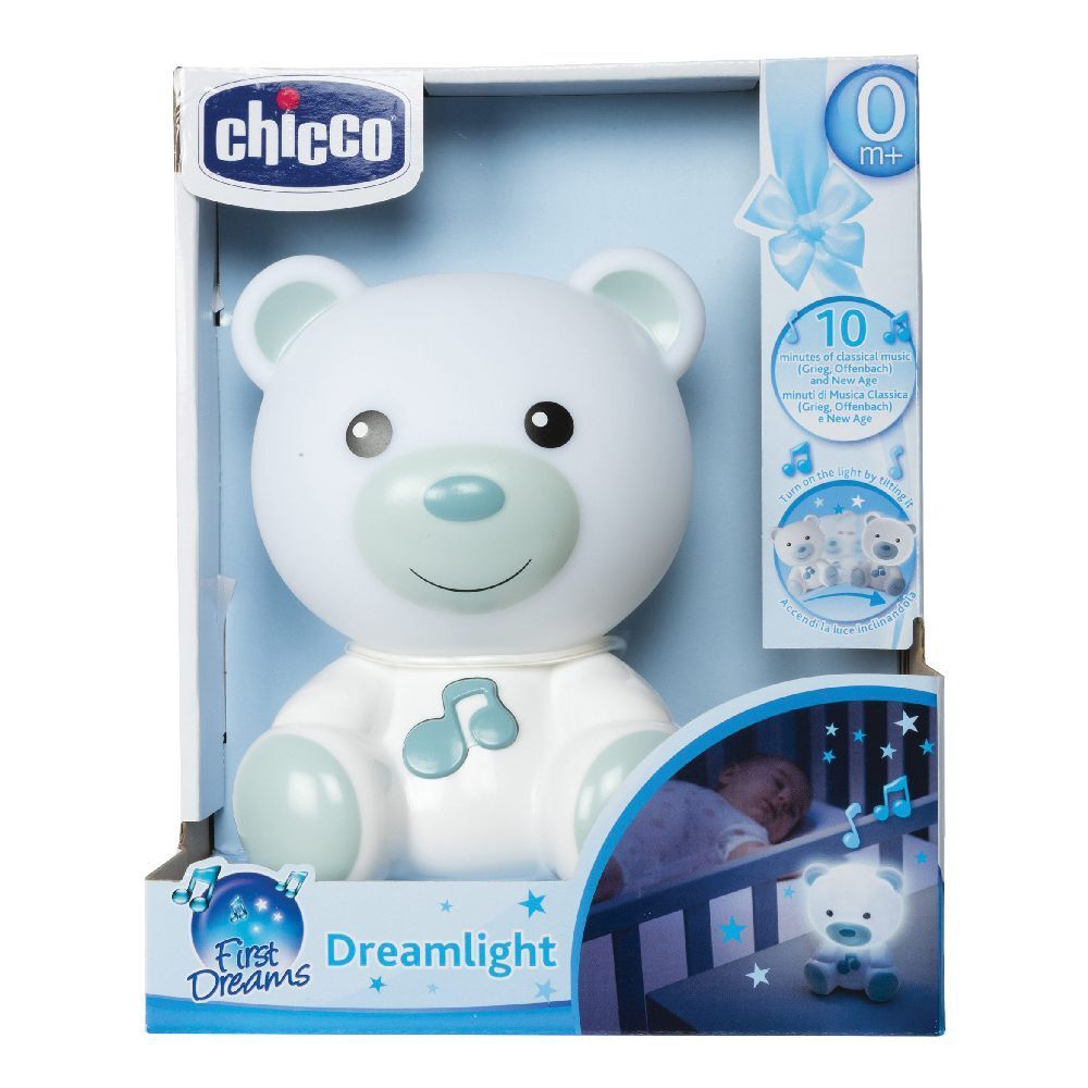 Chicco Dreamlight, orsetto bianco-azzurro in confezione. Età 0m+. Nome e logo del prodotto visibili.