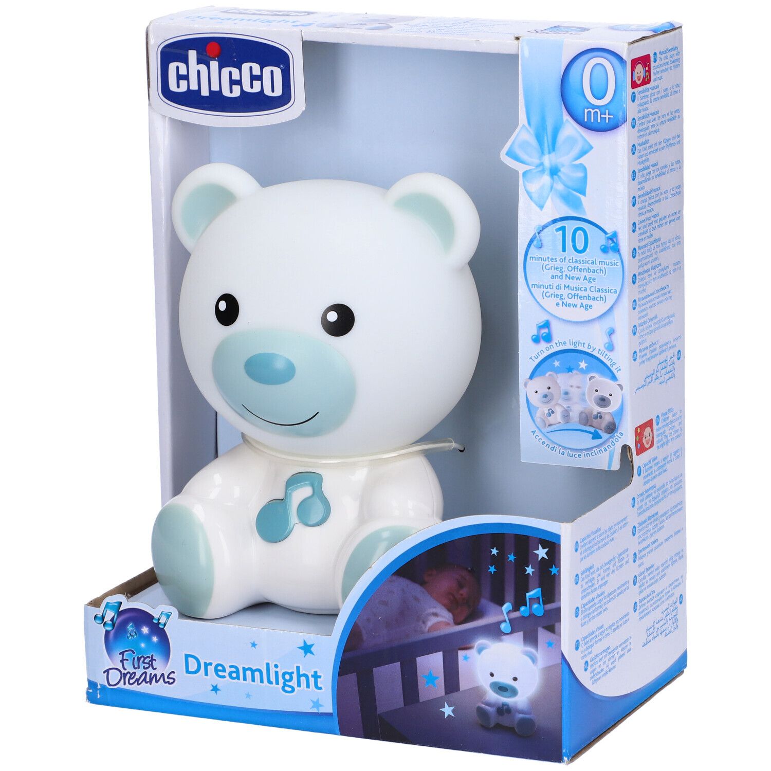 Chicco Dreamlight, orsetto bianco-azzurro in confezione. Vista laterale. Età 0m+. Nome e logo del prodotto visibili.