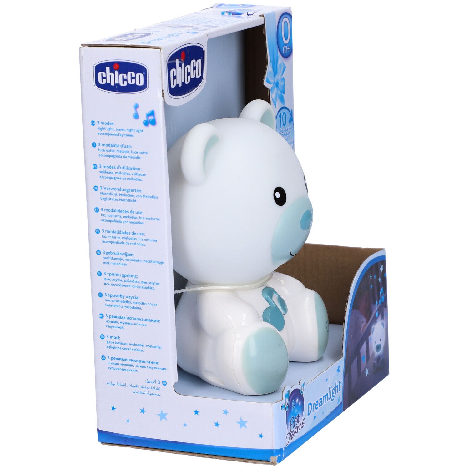 Chicco Dreamlight, orsetto bianco-azzurro in confezione. Vista laterale. Età 0m+. Nome e logo del prodotto visibili.