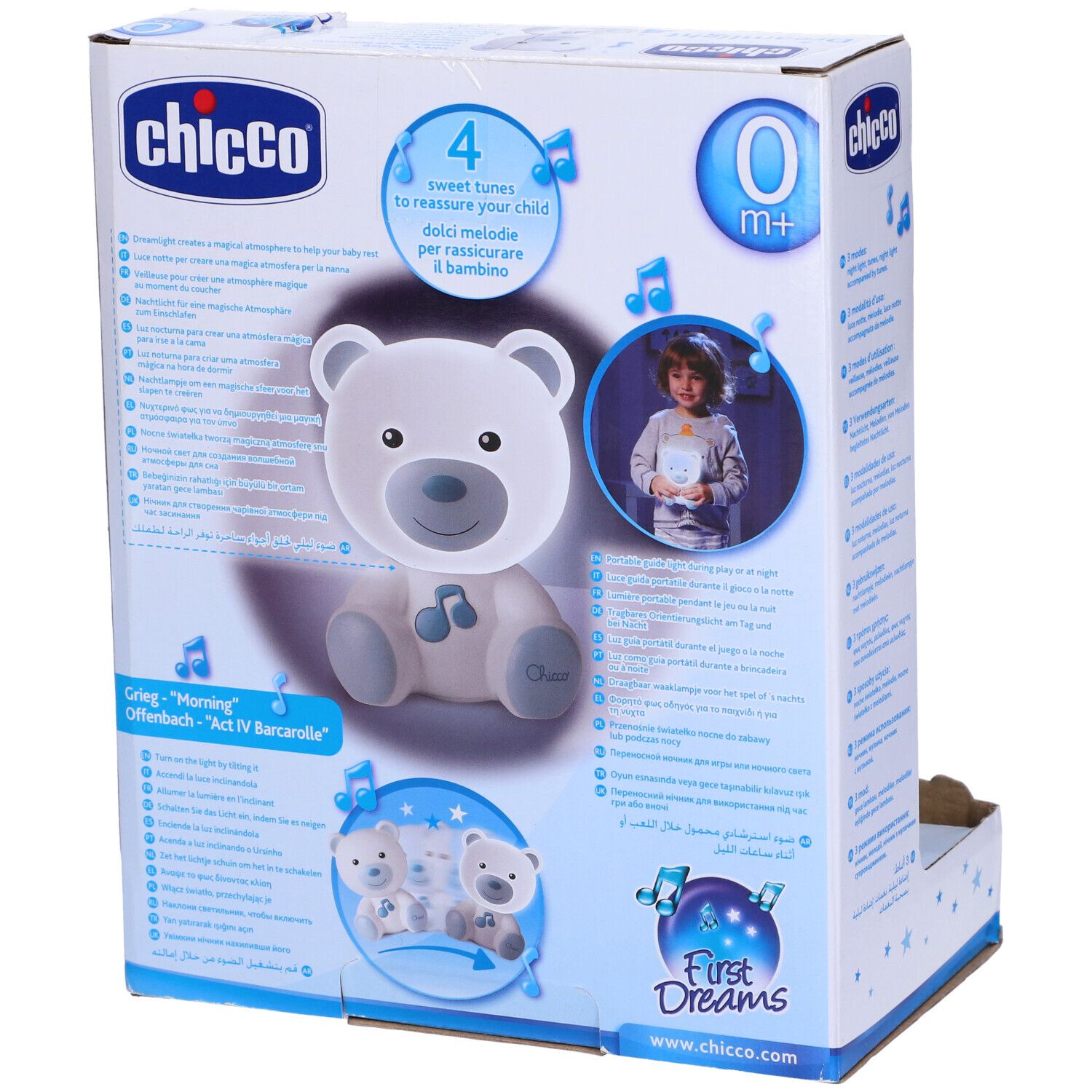 Chicco Dreamlight, orsetto bianco-azzurro in confezione. Retro. Età 0m+. Nome e logo del prodotto visibili.