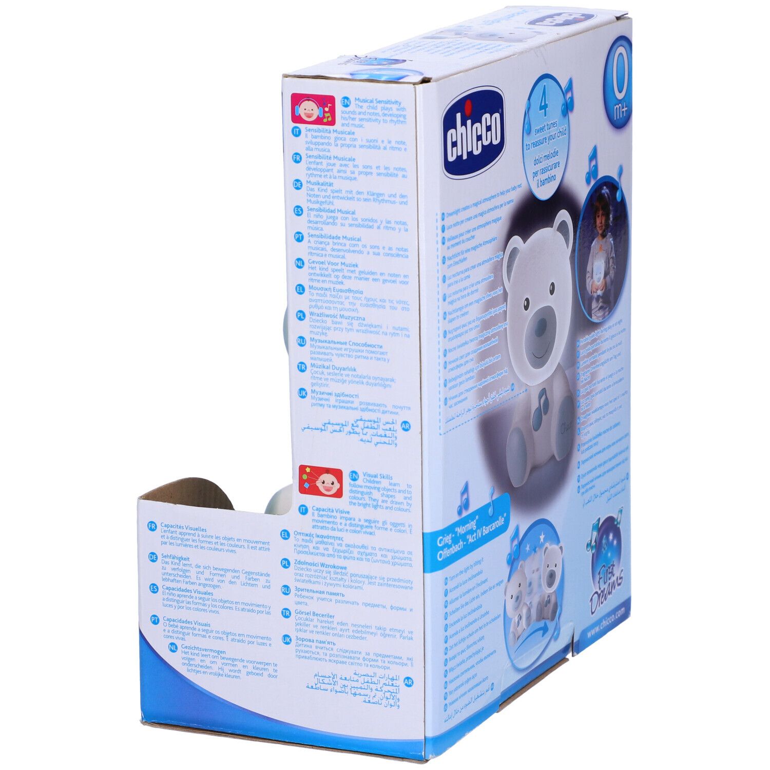 Chicco Dreamlight, orsetto bianco-azzurro in confezione. Vista laterale. Età 0m+. Nome e logo del prodotto visibili.