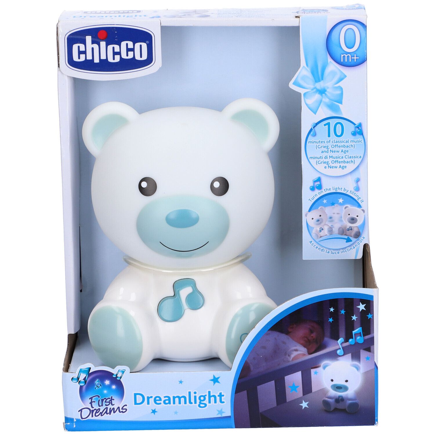 Chicco Dreamlight, orsetto bianco-azzurro in confezione. Età 0m+. Nome e logo del prodotto visibili.