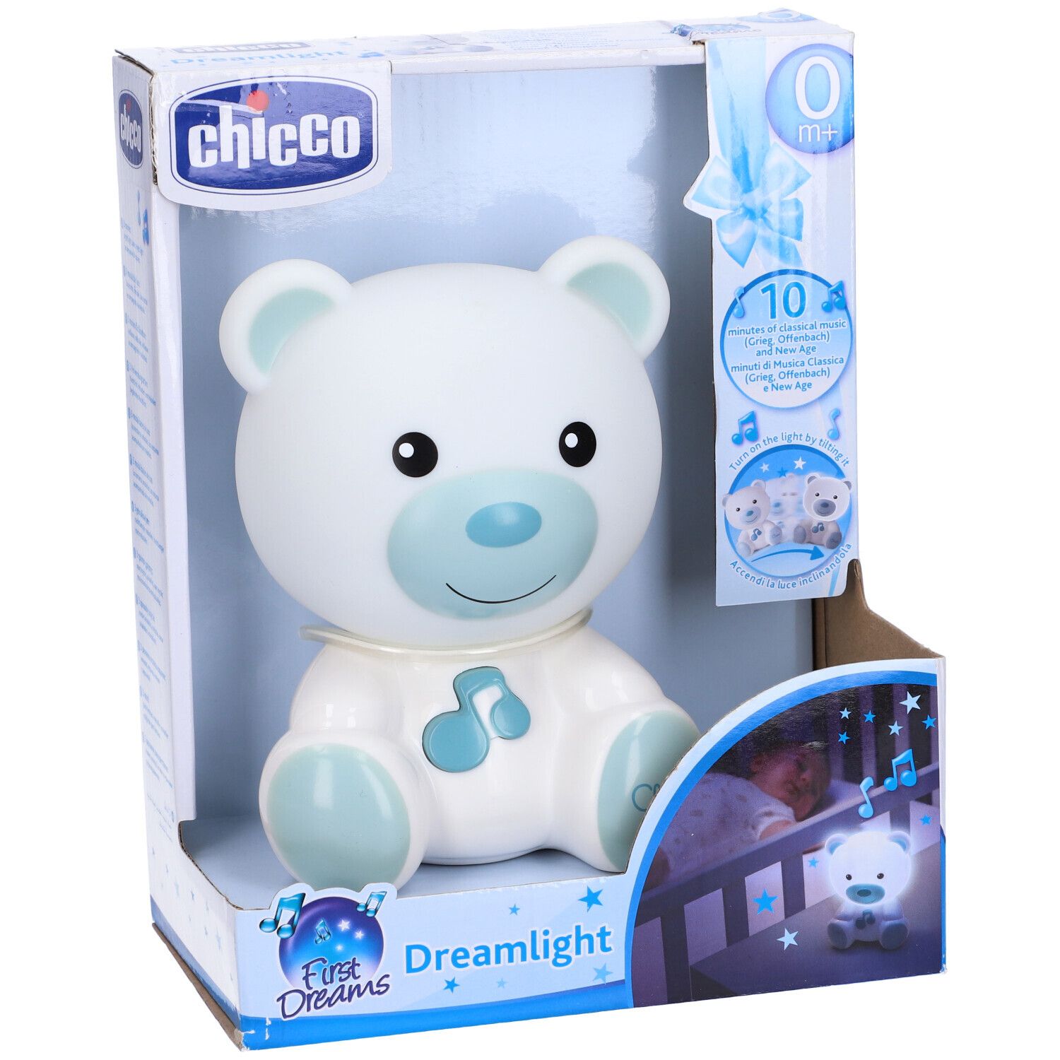 Chicco Dreamlight, orsetto bianco-azzurro in confezione. Età 0m+. Nome e logo del prodotto visibili.