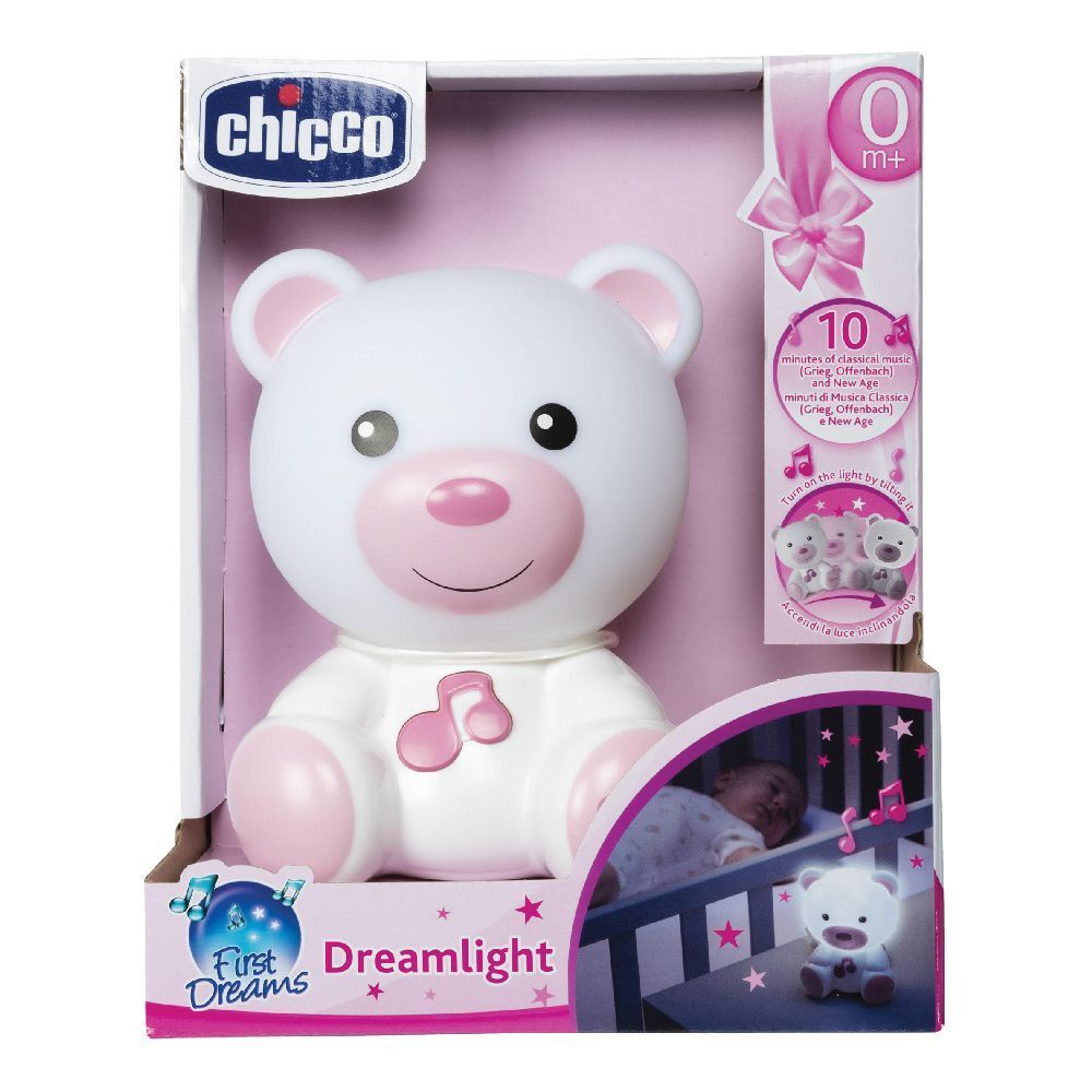 Orsetto bianco e rosa in confezione. Marchio Chicco, nome Dreamlight. Adatto da 0 mesi.