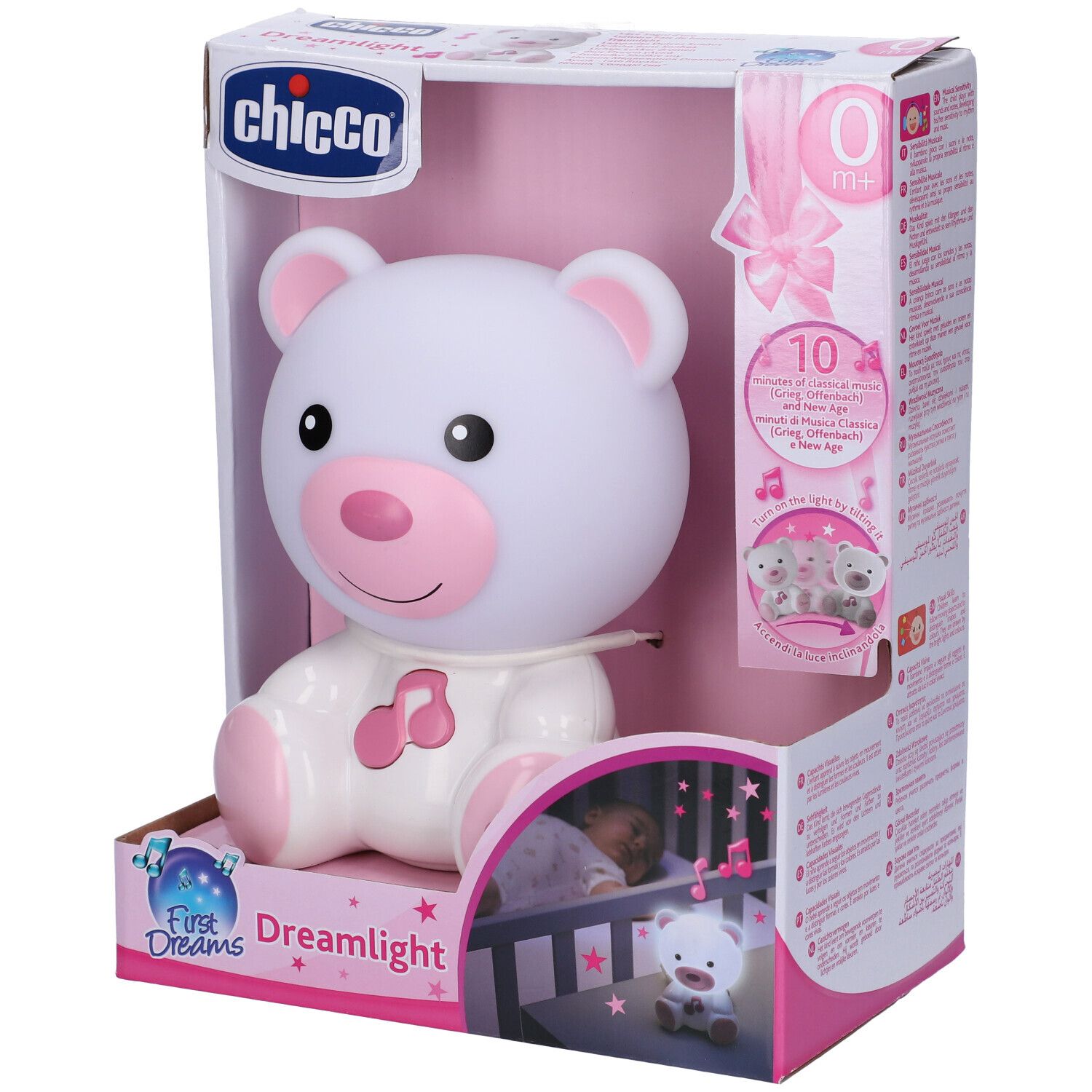 Confezione con orsetto bianco e rosa. Marchio Chicco, nome Dreamlight. Adatto da 0 mesi.