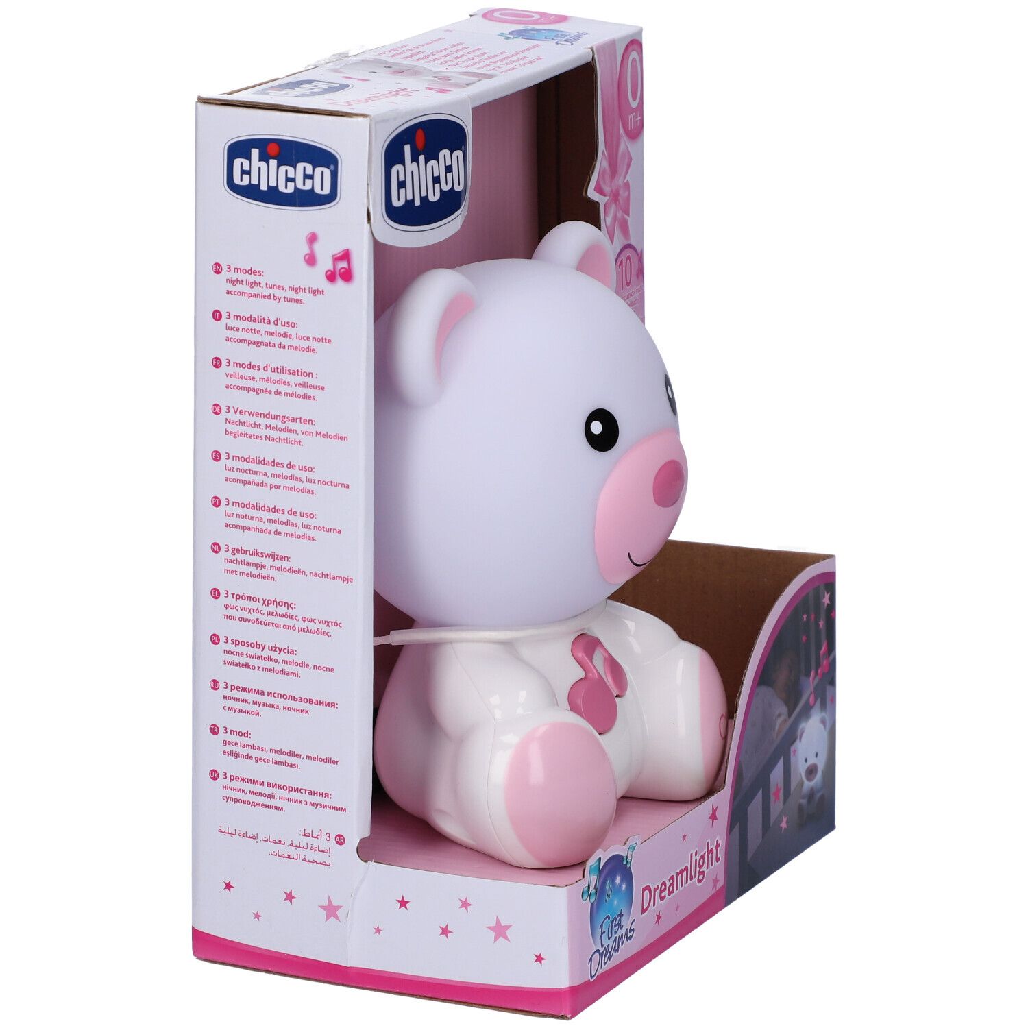 Confezione con orsetto bianco e rosa. Marchio Chicco, nome Dreamlight. Adatto da 0 mesi.